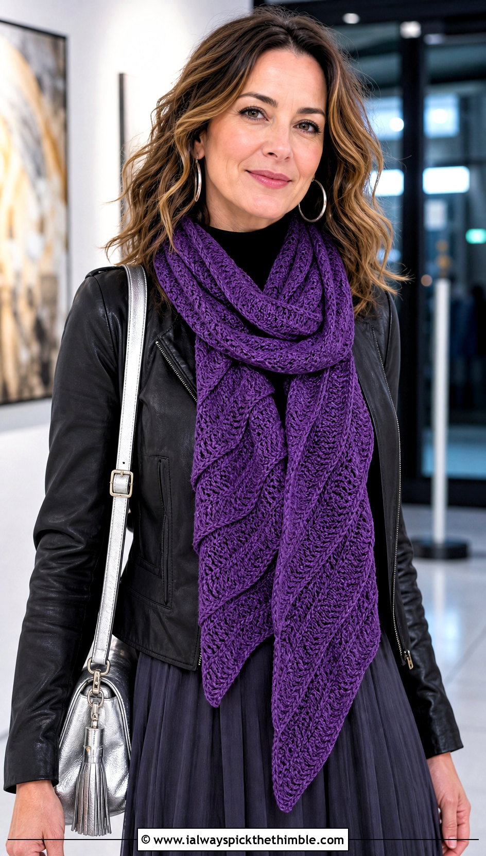 Diagonal Ripple Crochet Scarf With Leather Jacket and Maxi Skirt - 20 wavy crochet scarf outfit ideas