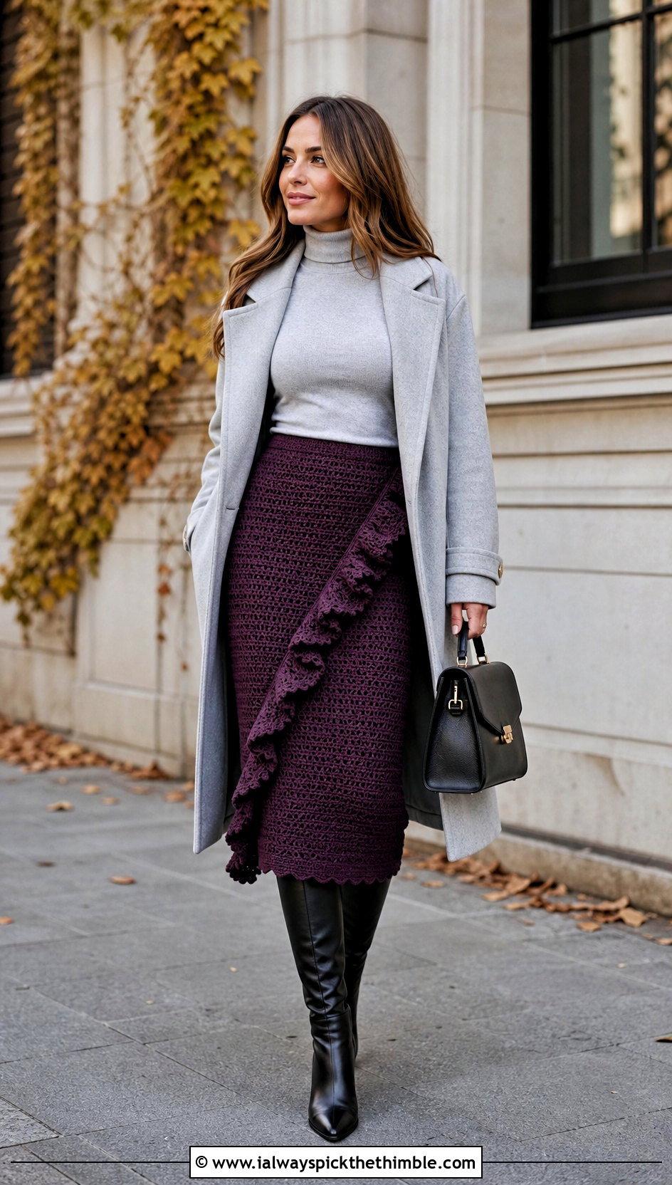 Diagonal Ruffle Crochet Skirt And Fitted Turtleneck - 25 crochet skirt with ruffles outfit ideas