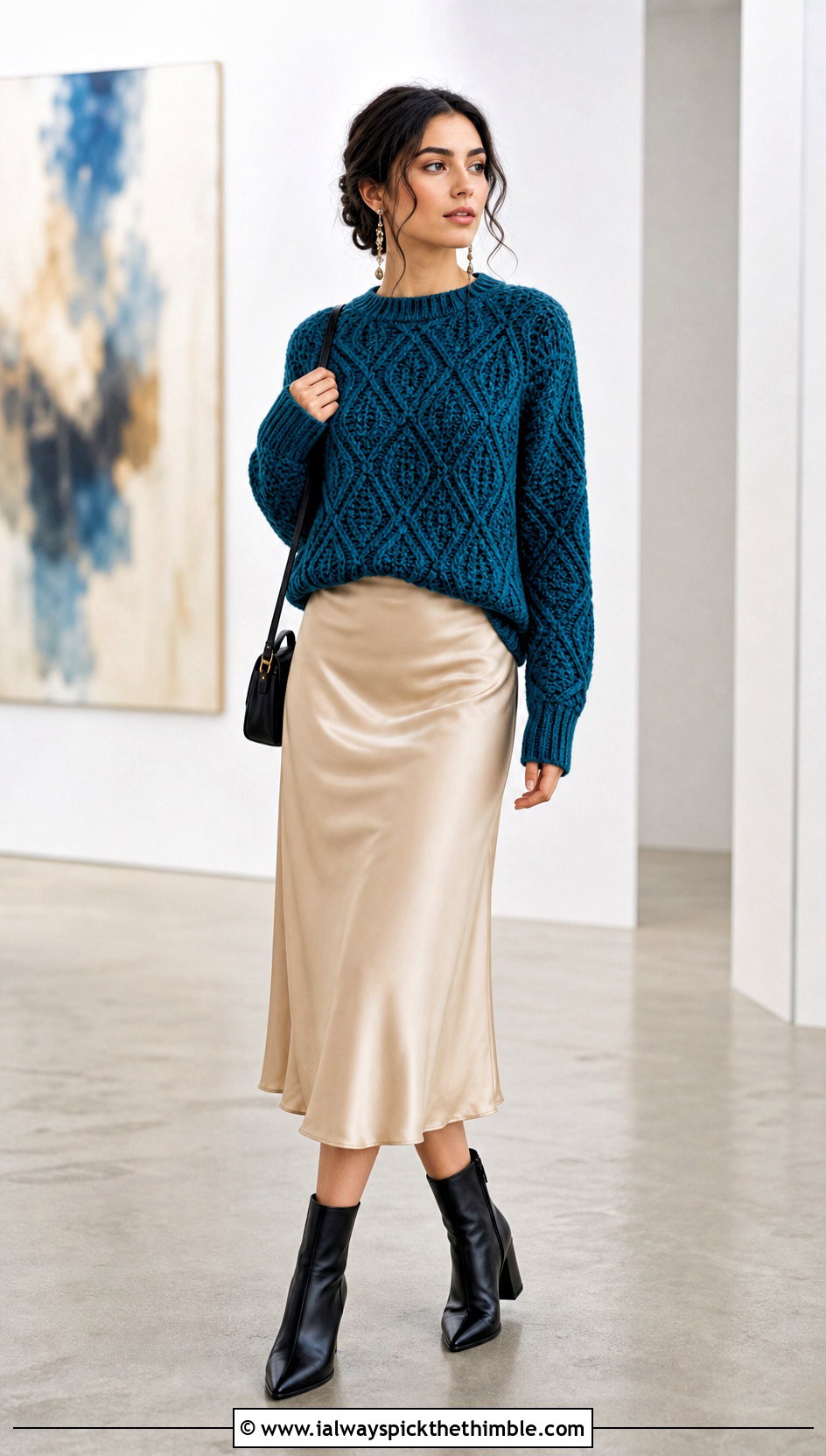 Diamond Cable Celtic Sweater With Satin Midi Skirt - 15 Crochet Celtic Sweater outfit ideas