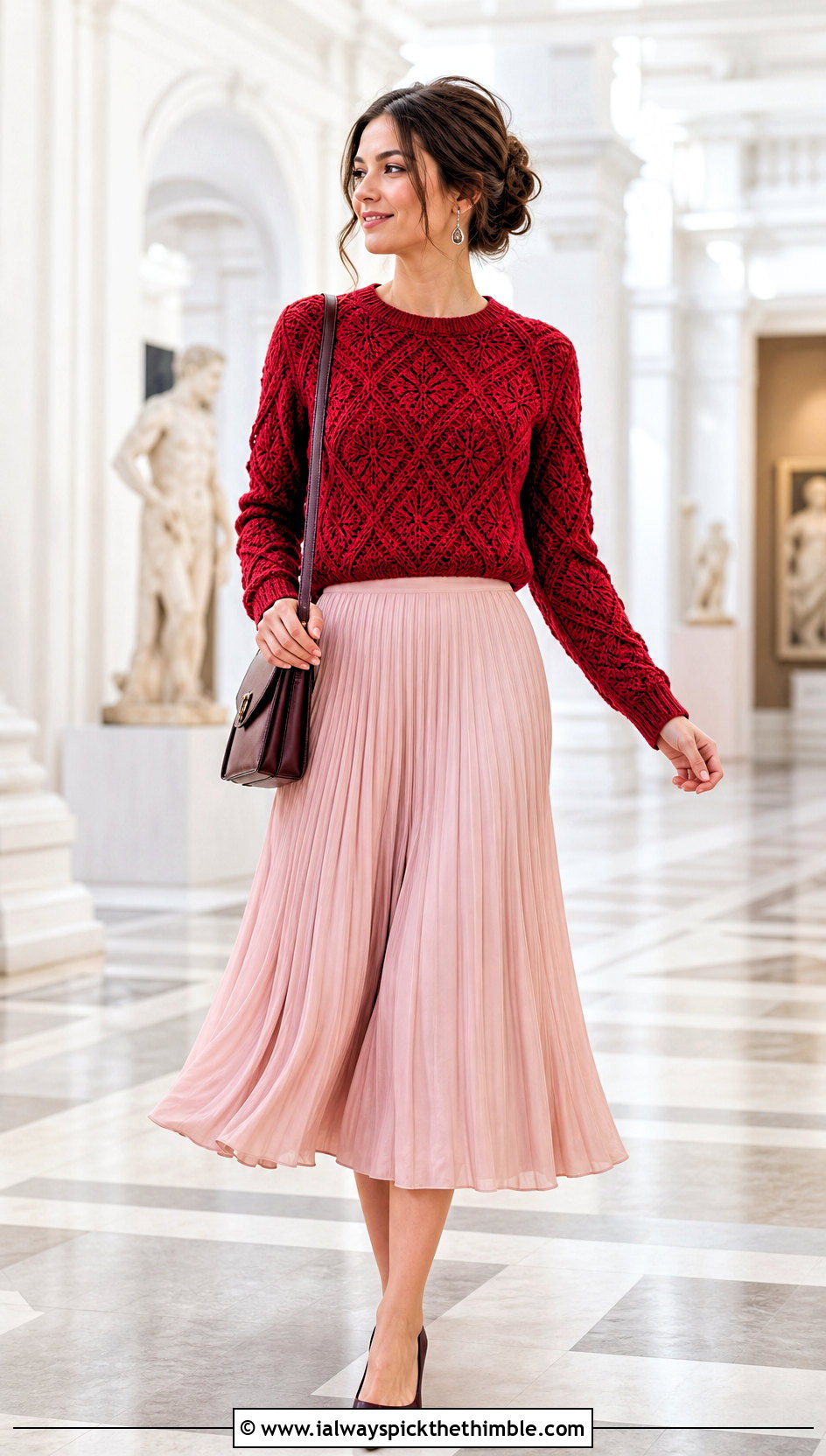 Diamond Cable Crochet Sweater With Pleated Midi Skirt - 25 cable crochet sweater outfit ideas