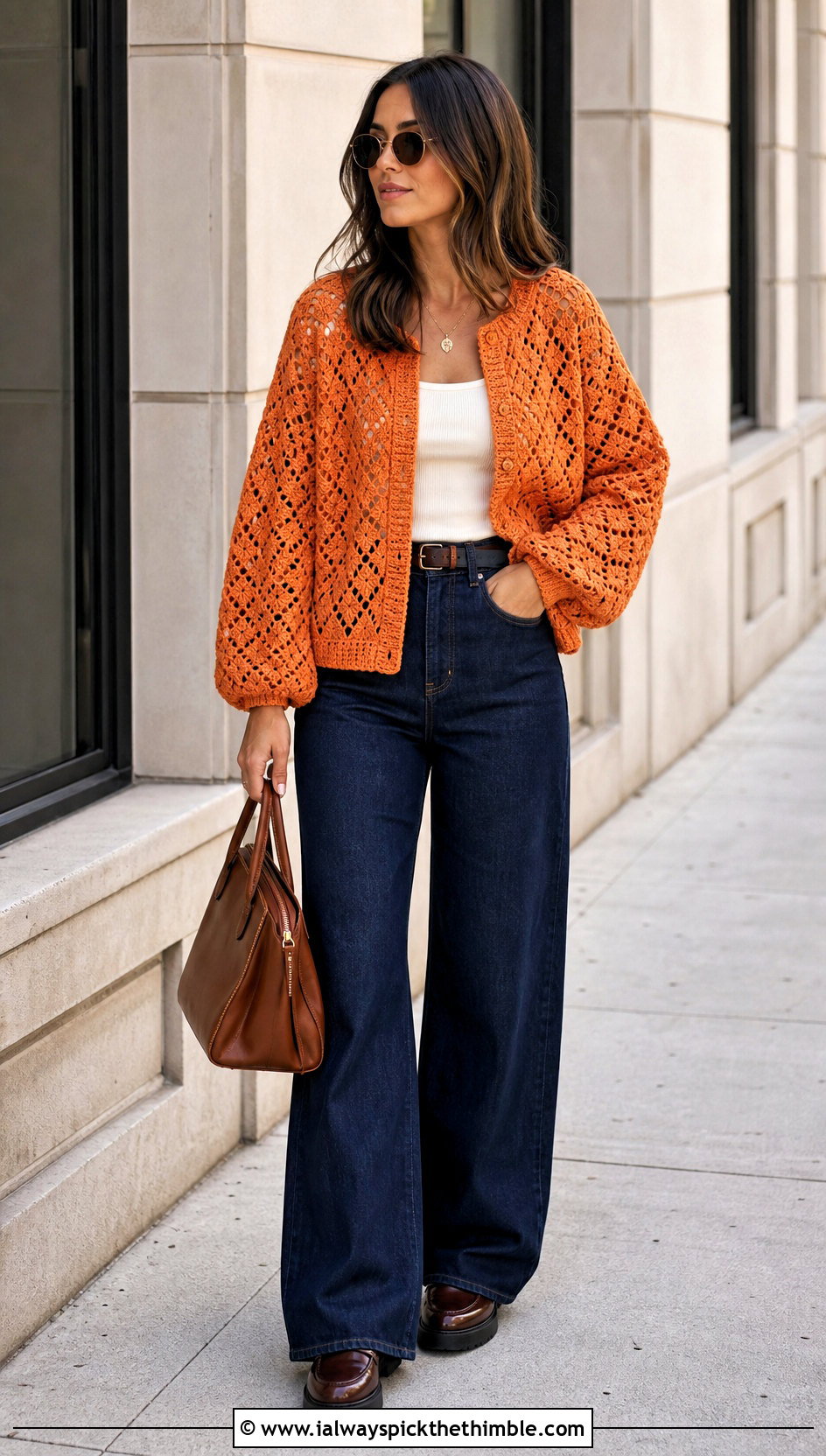 Diamond Cluster Lace Cardigan With Wide Leg Jeans - 25 crochet lace cardigan outfit ideas