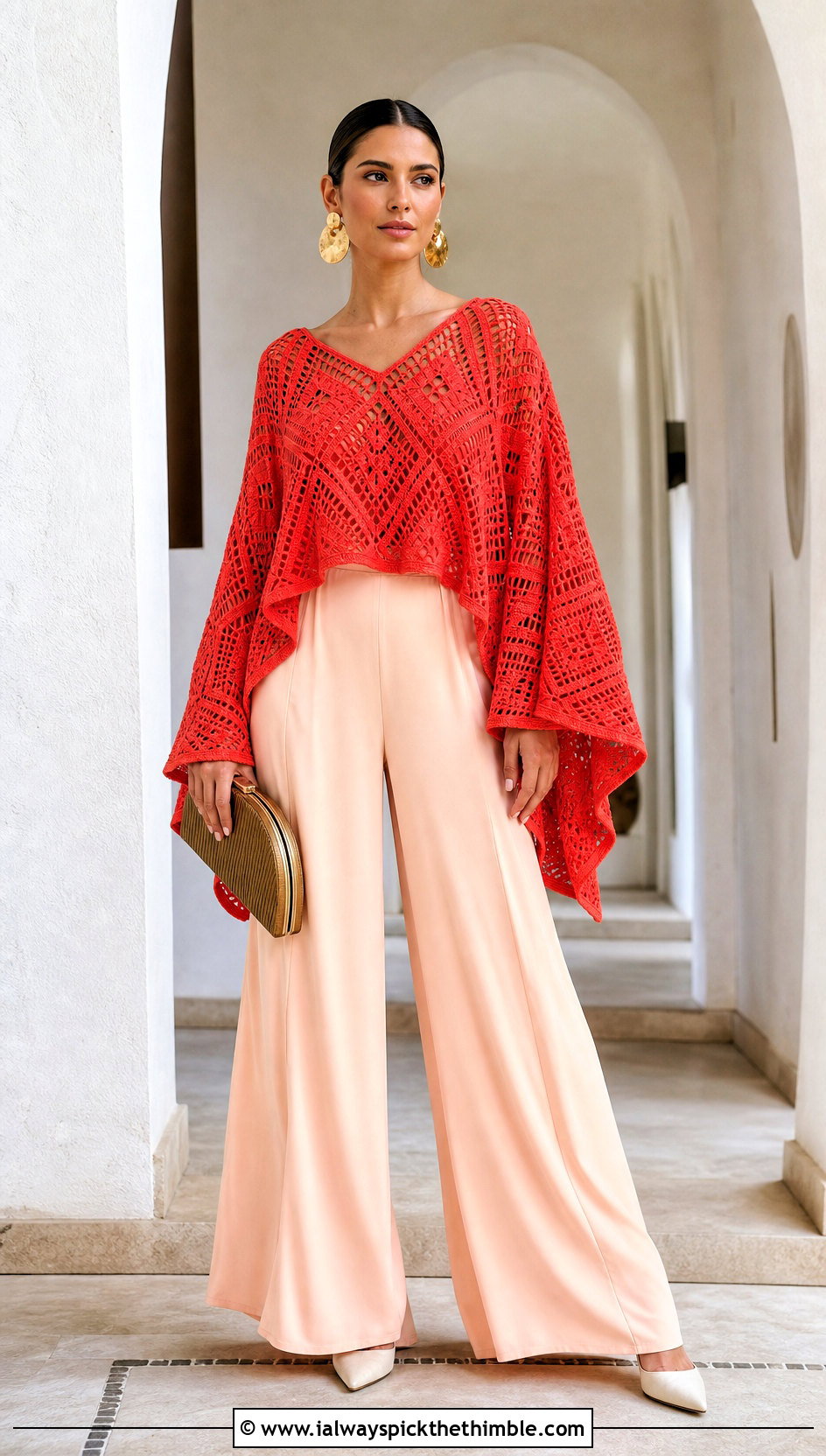 Diamond Crochet Kimono Sleeve Top With Palazzo Pants - 25 crochet diamond top outfit ideas