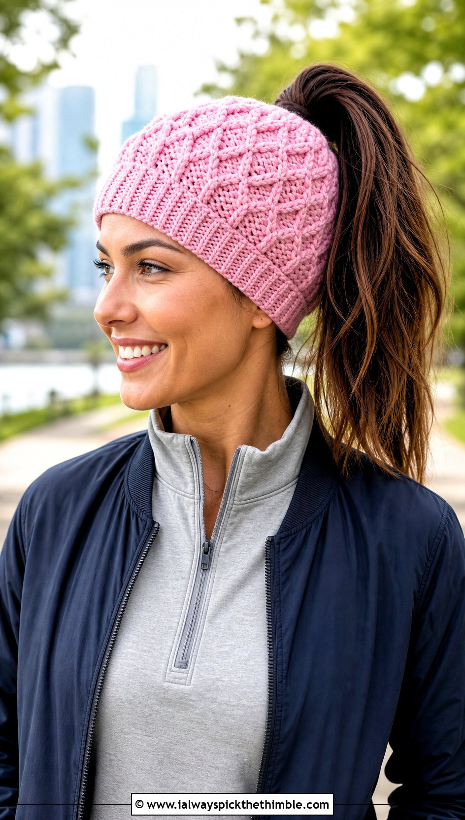 Diamond Crochet Messy Bun Beanie With Athleisure - 15 Diamond Crochet Hat outfit ideas