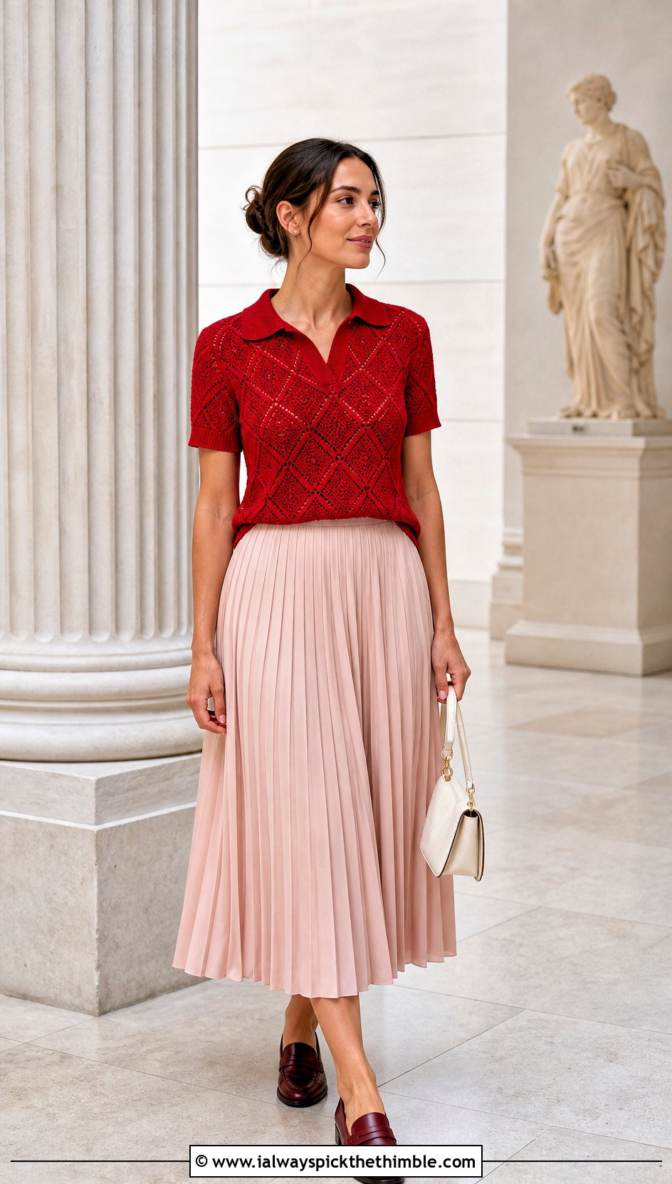 Diamond Crochet Polo Top With Pleated Midi Skirt - 25 crochet diamond top outfit ideas