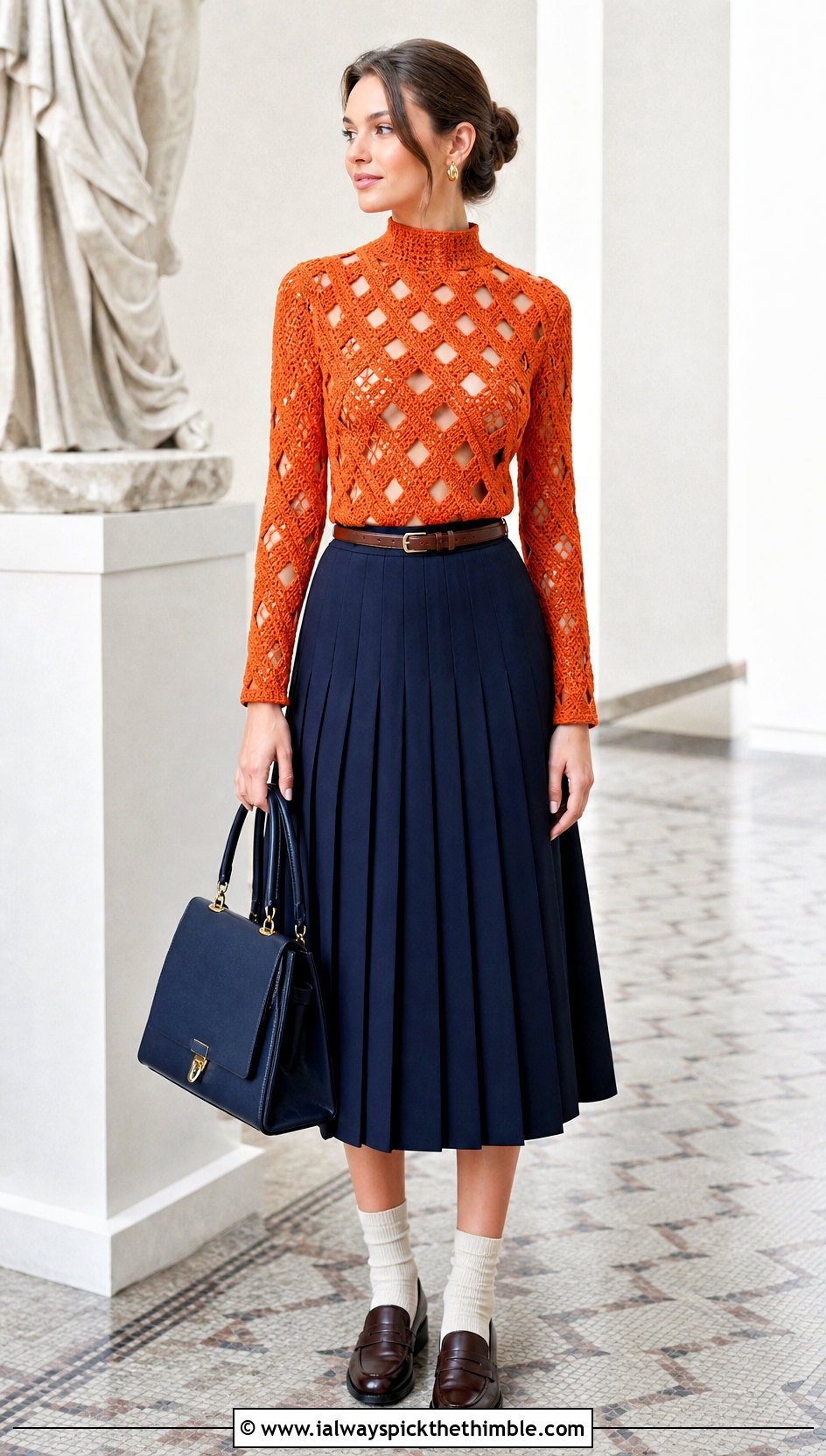 Diamond Cutout Crochet Peekaboo Top With a Pleated Midi Skirt - 20 peekaboo crochet top outfit ideas
