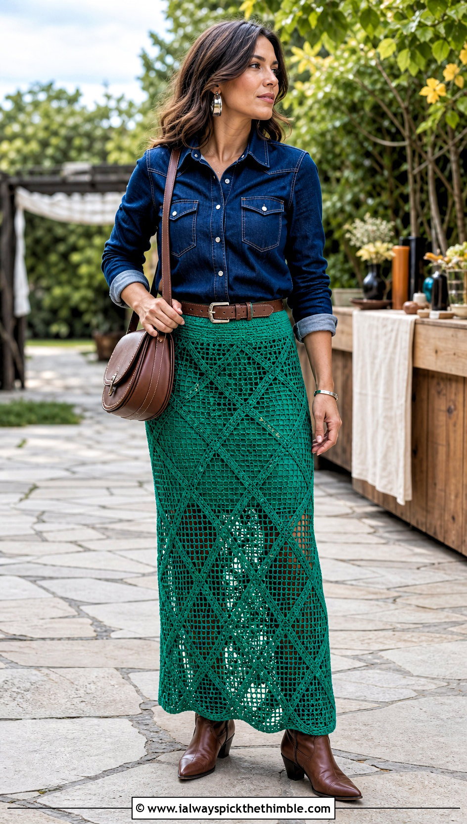 Diamond Filet Crochet Maxi Skirt With Western Shirt - 25 Filet Crochet Skirt outfit ideas