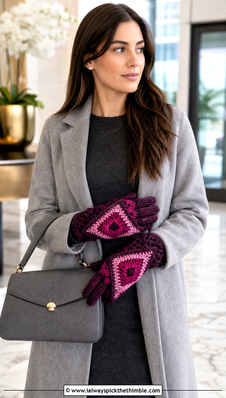 Diamond Granny Square Gloves With Sweater Dress - 20 Fingerless Granny Square Gloves outfit ideas