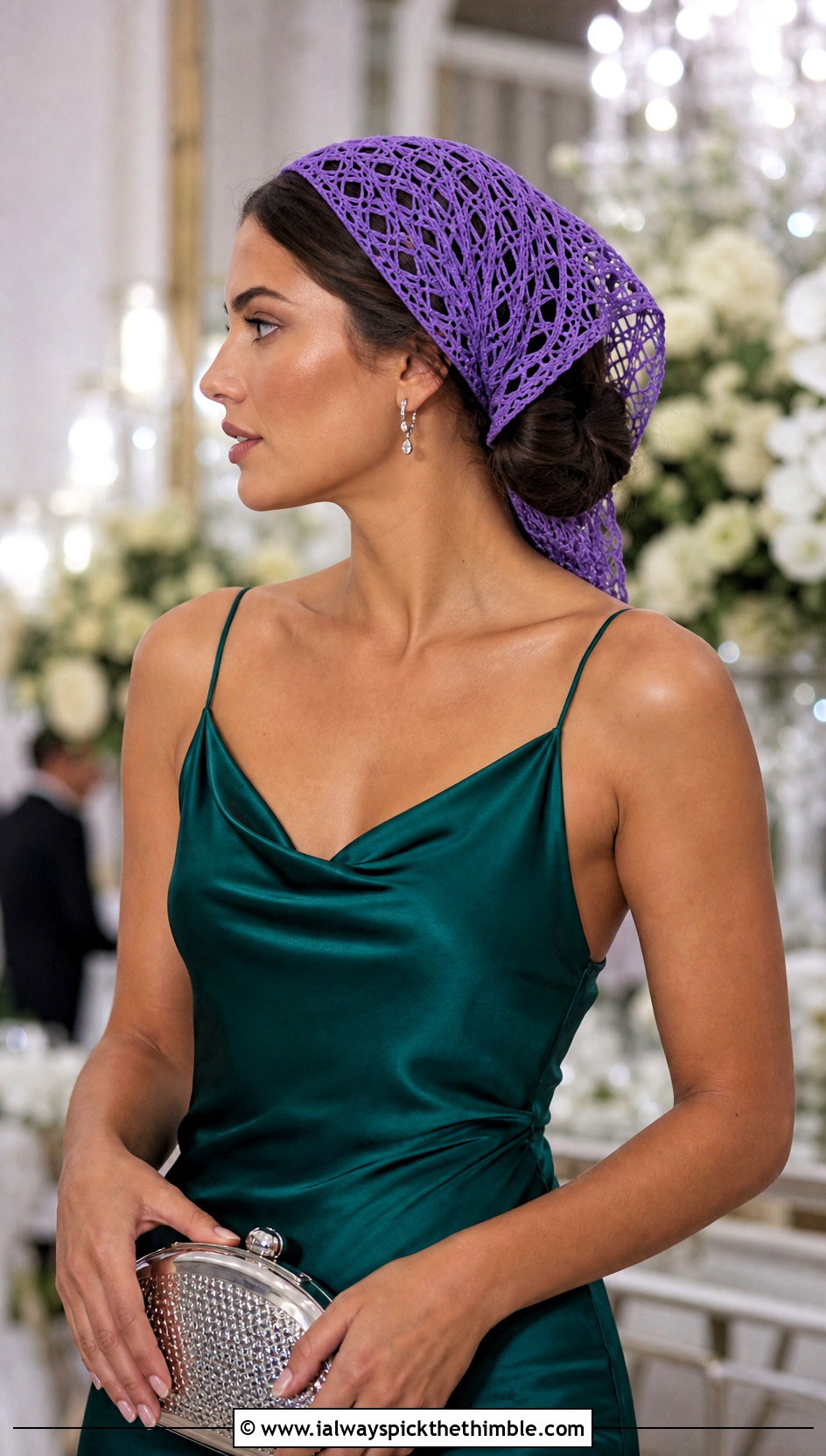 Diamond Lace Crochet Bandana With Satin Dress And Heels - 15 crochet head wraps outfit ideas