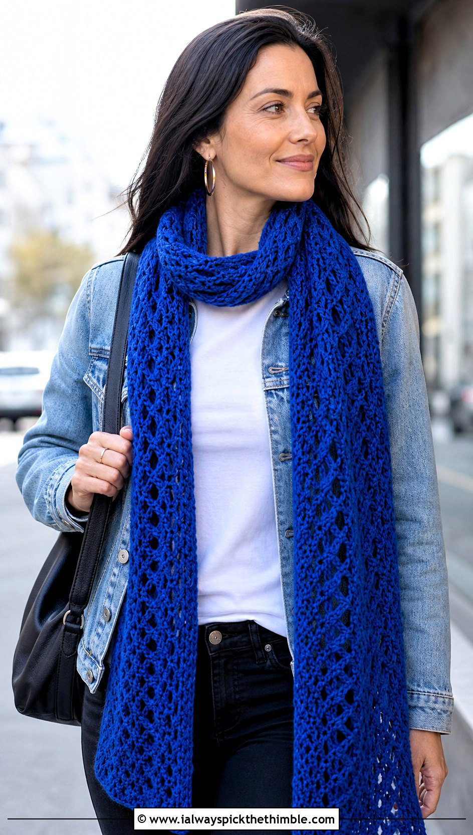 Diamond Lace Long Scarf With Denim Jacket - 15 openwork crochet scarf outfit ideas