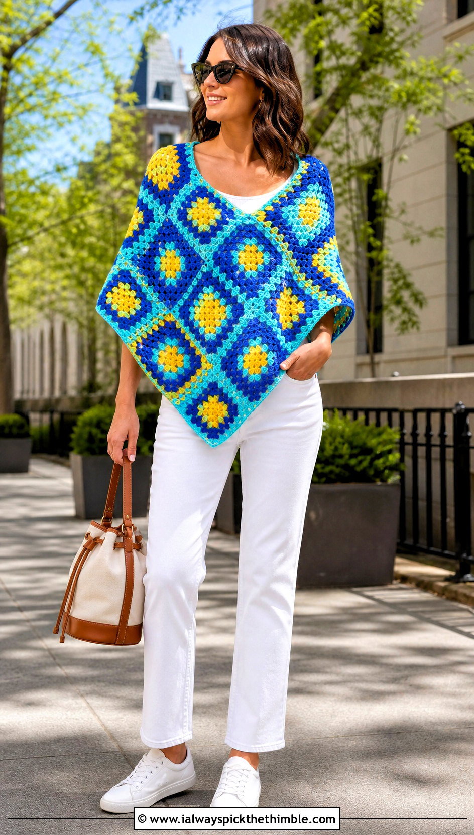 Diamond Layout Granny Square Poncho With White Jeans - 20 Granny Squares Poncho outfit ideas