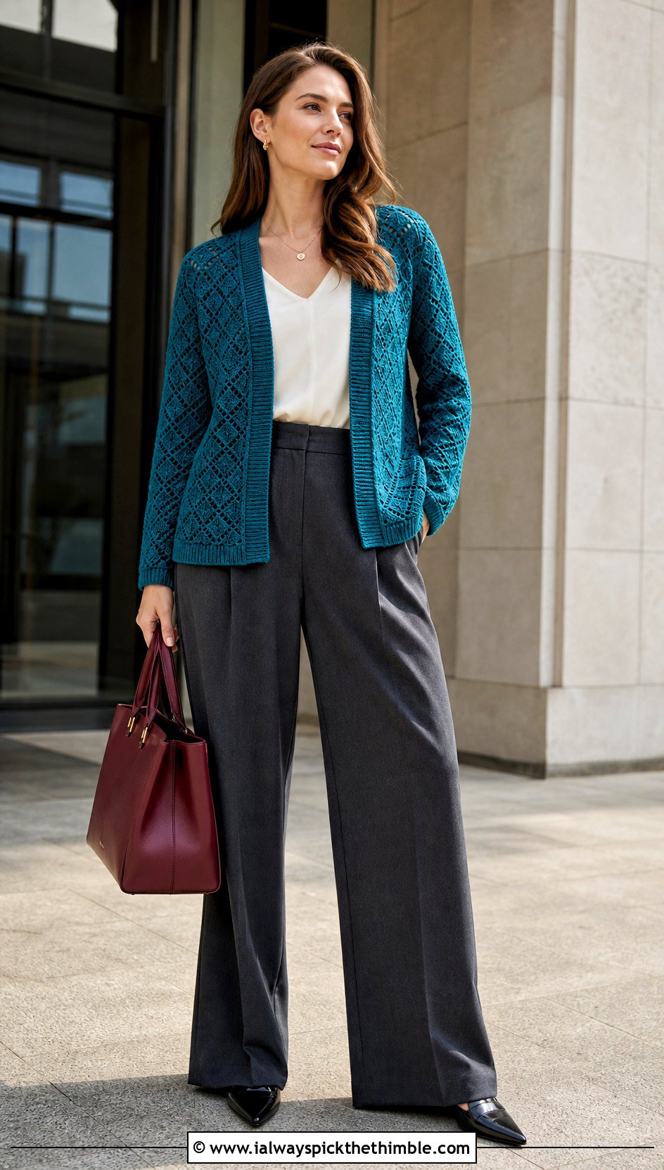 Diamond Mesh Crochet Cardigan With Tailored Trousers - 20 Crochet Long Lacy Cardigan outfit ideas
