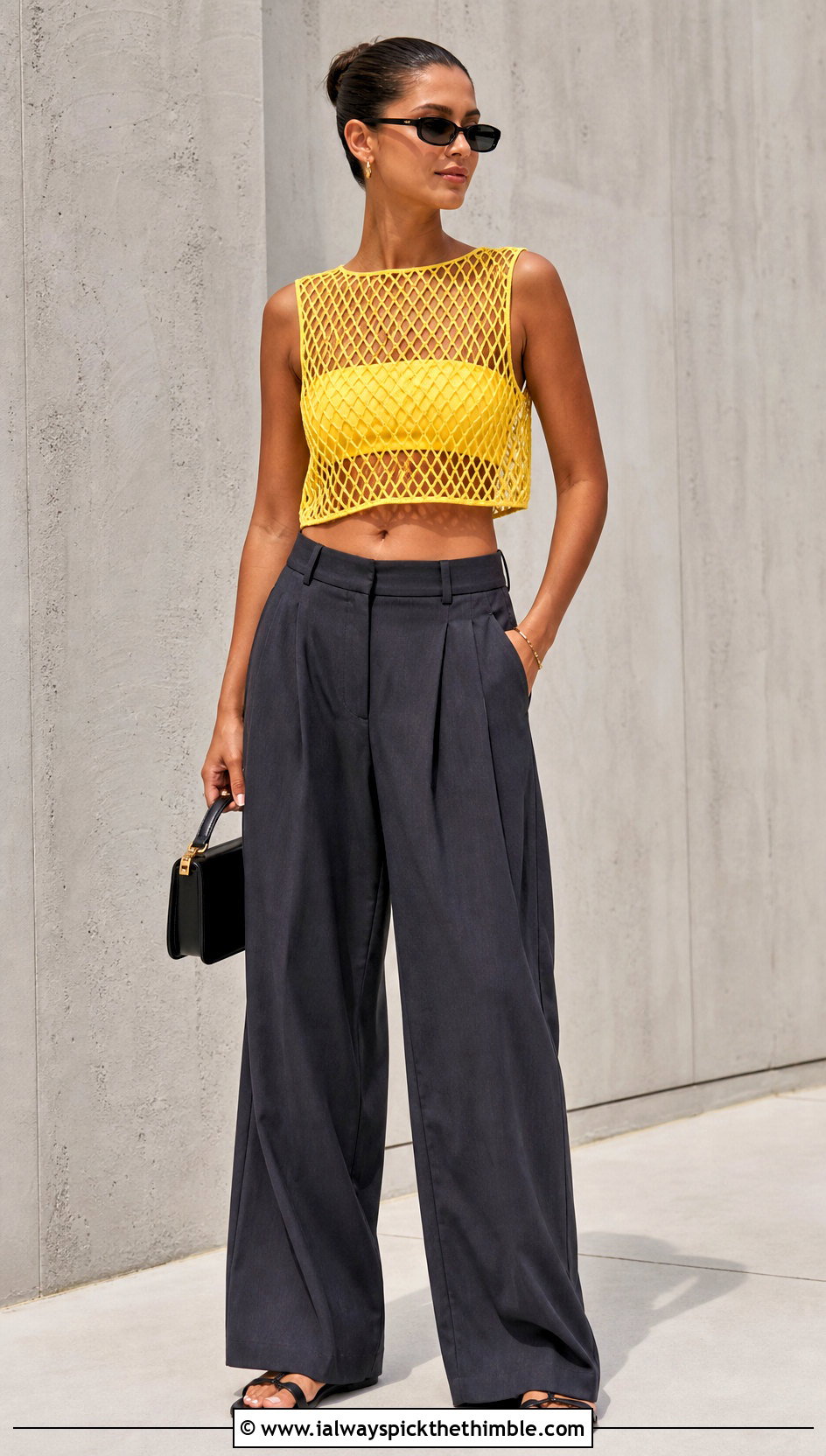 Diamond Mesh Crochet Crop Top With Tailored Trousers - 20 crochet summer mesh top outfit ideas