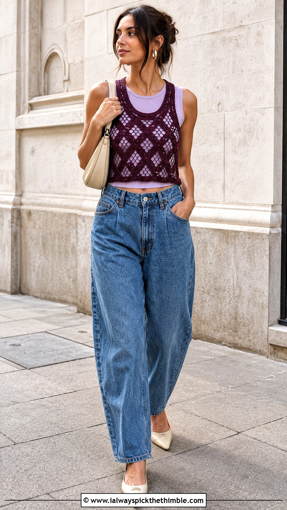 Diamond Mesh Crochet Crop Vest With Barrel Jeans - 20 crochet crop vest outfit ideas