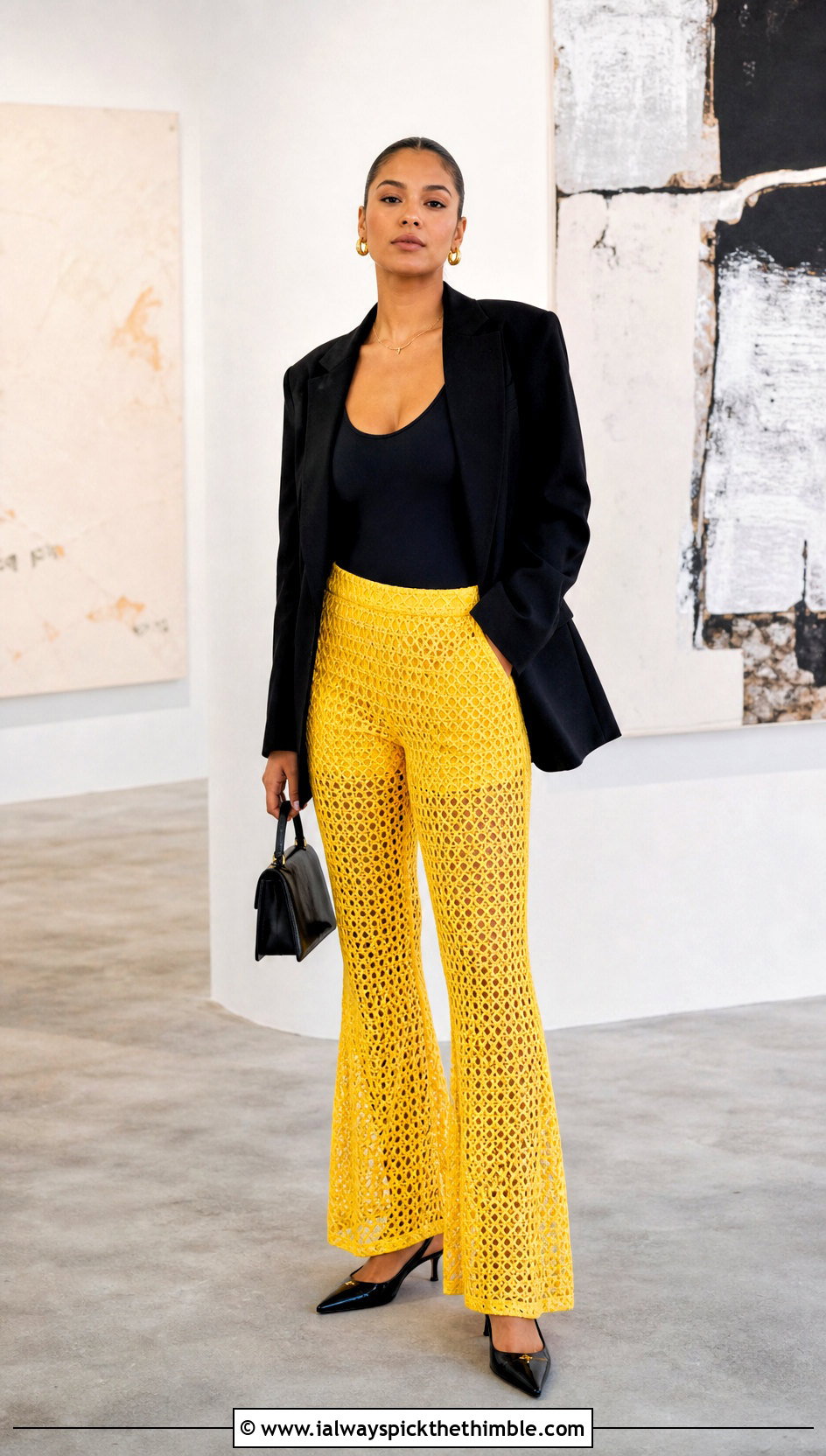Diamond Mesh Crochet Flare Pants With Long Blazer - 20 flare crochet pants outfit ideas