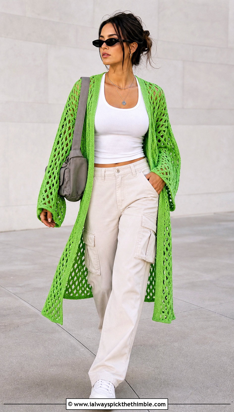 Diamond Mesh Crochet Kimono With Cargo Pants - 15 crochet kimono cover up outfit ideas