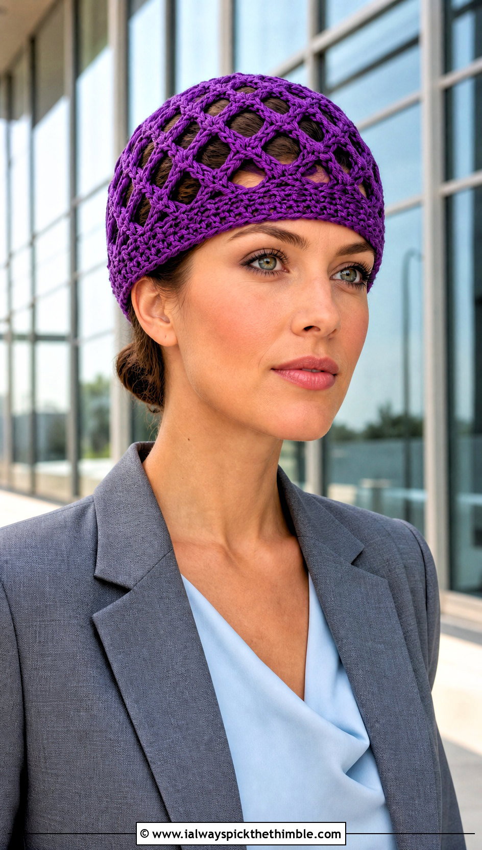 Diamond Mesh Crochet Lace Beanie With Tailored Suit - 20 crochet lace beanie outfit ideas