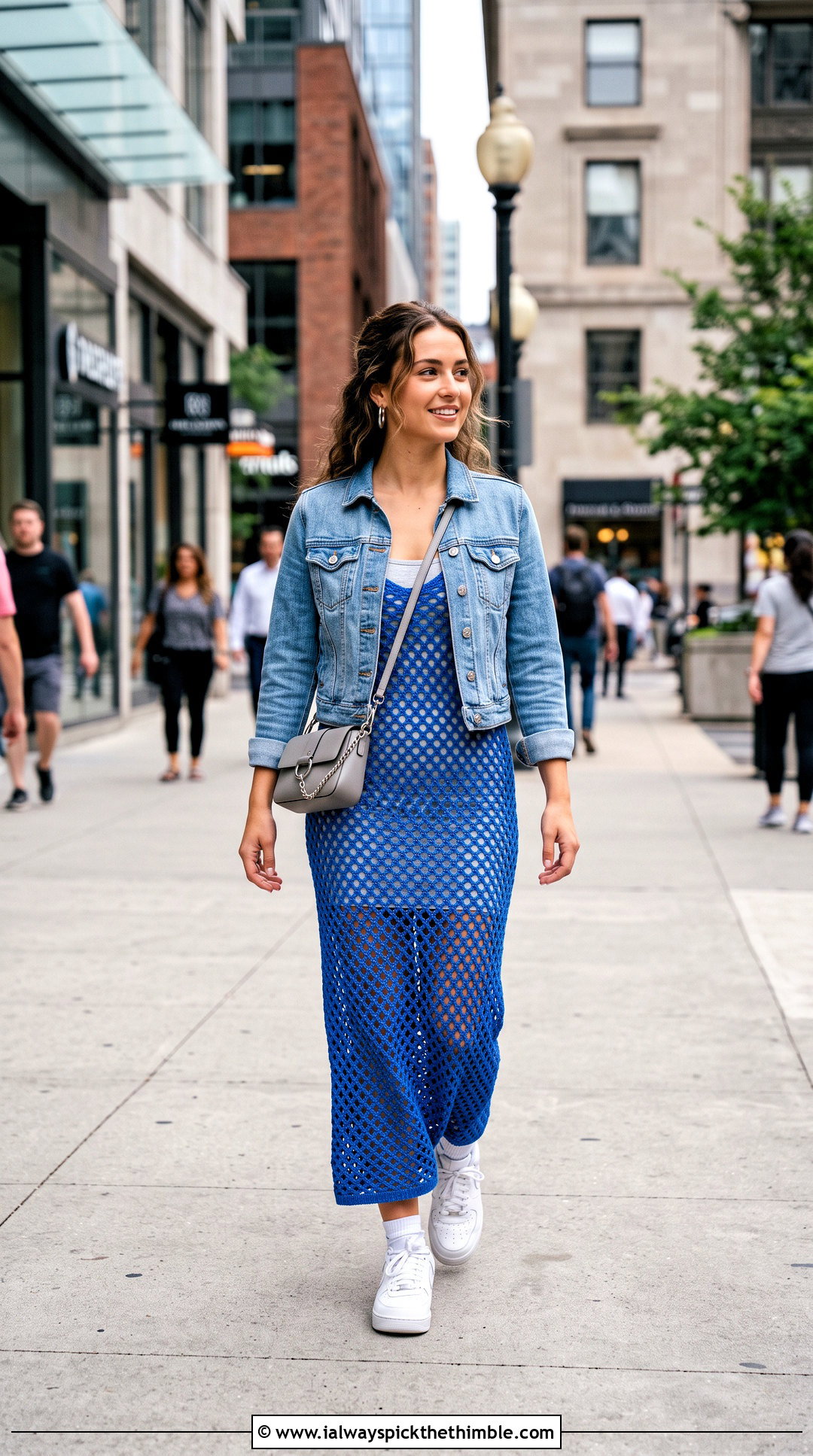 Diamond Mesh Crochet Maxi Dress With Denim Jacket - 20 mesh crochet dress outfit ideas