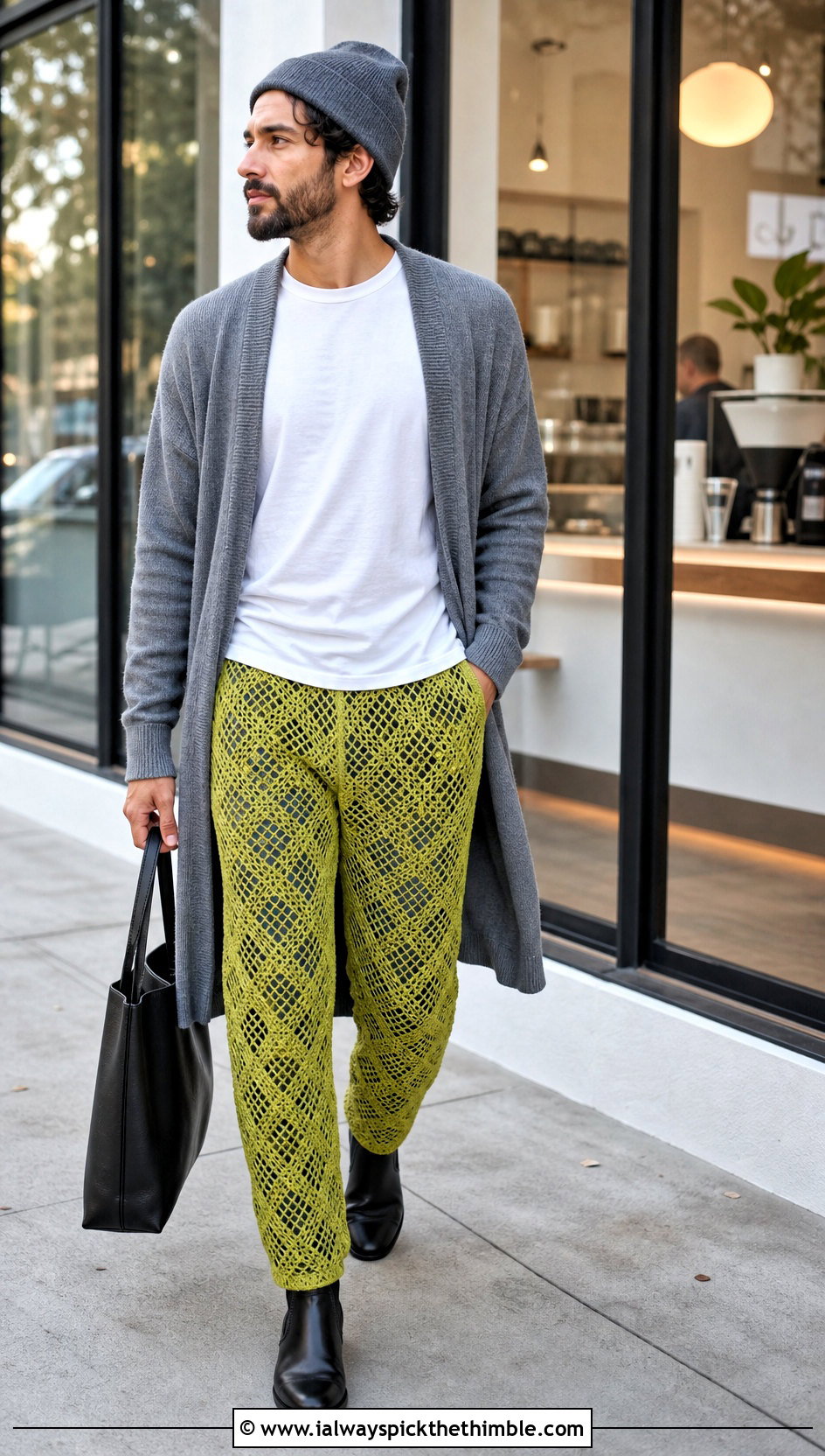 Diamond Mesh Crochet Pants With Long Cardigan - 20 mens crochet pants outfit ideas