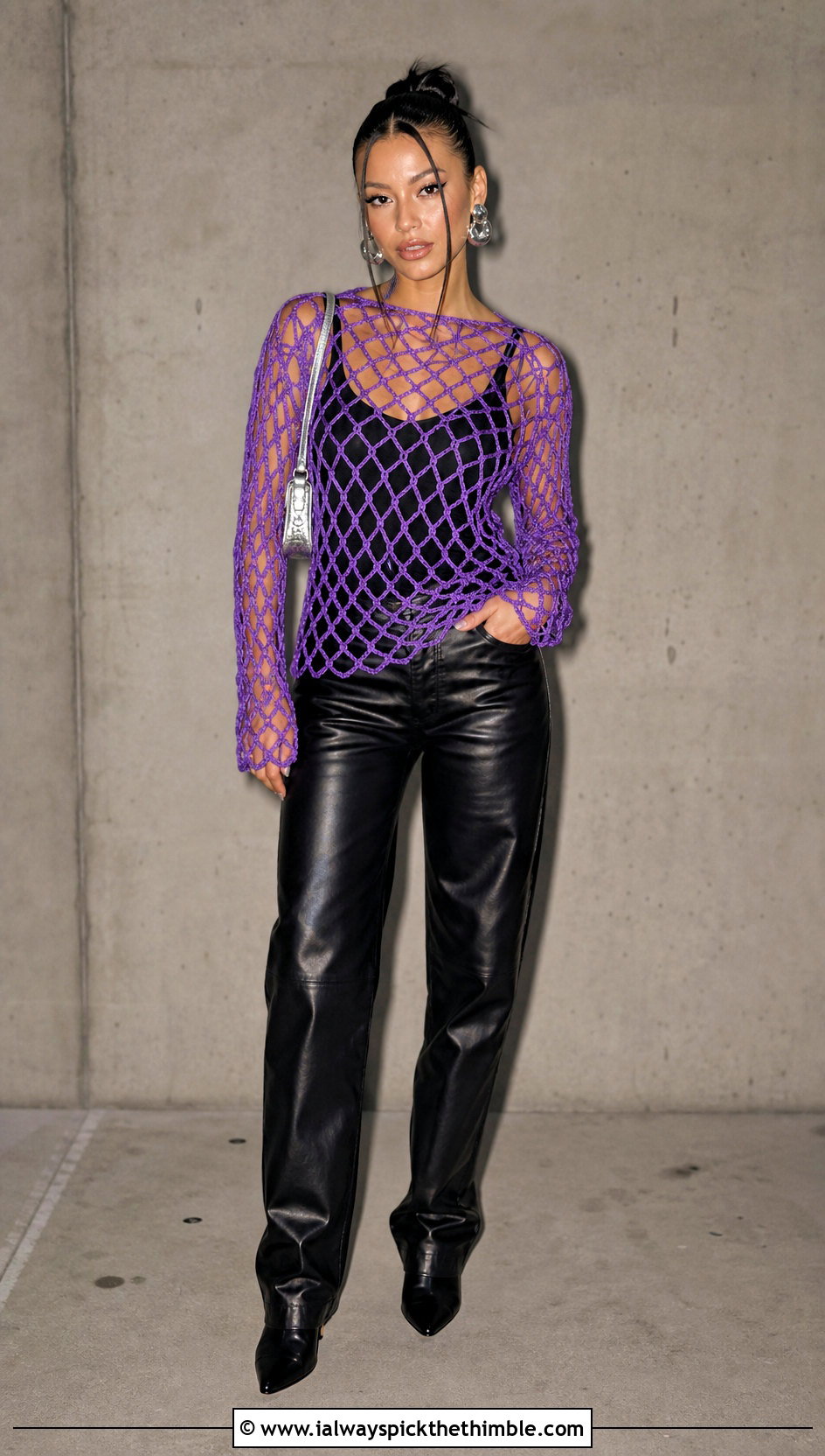 Diamond Mesh Crochet Pullover With Leather Pants - 20 Crochet Mesh Pullover outfit ideas