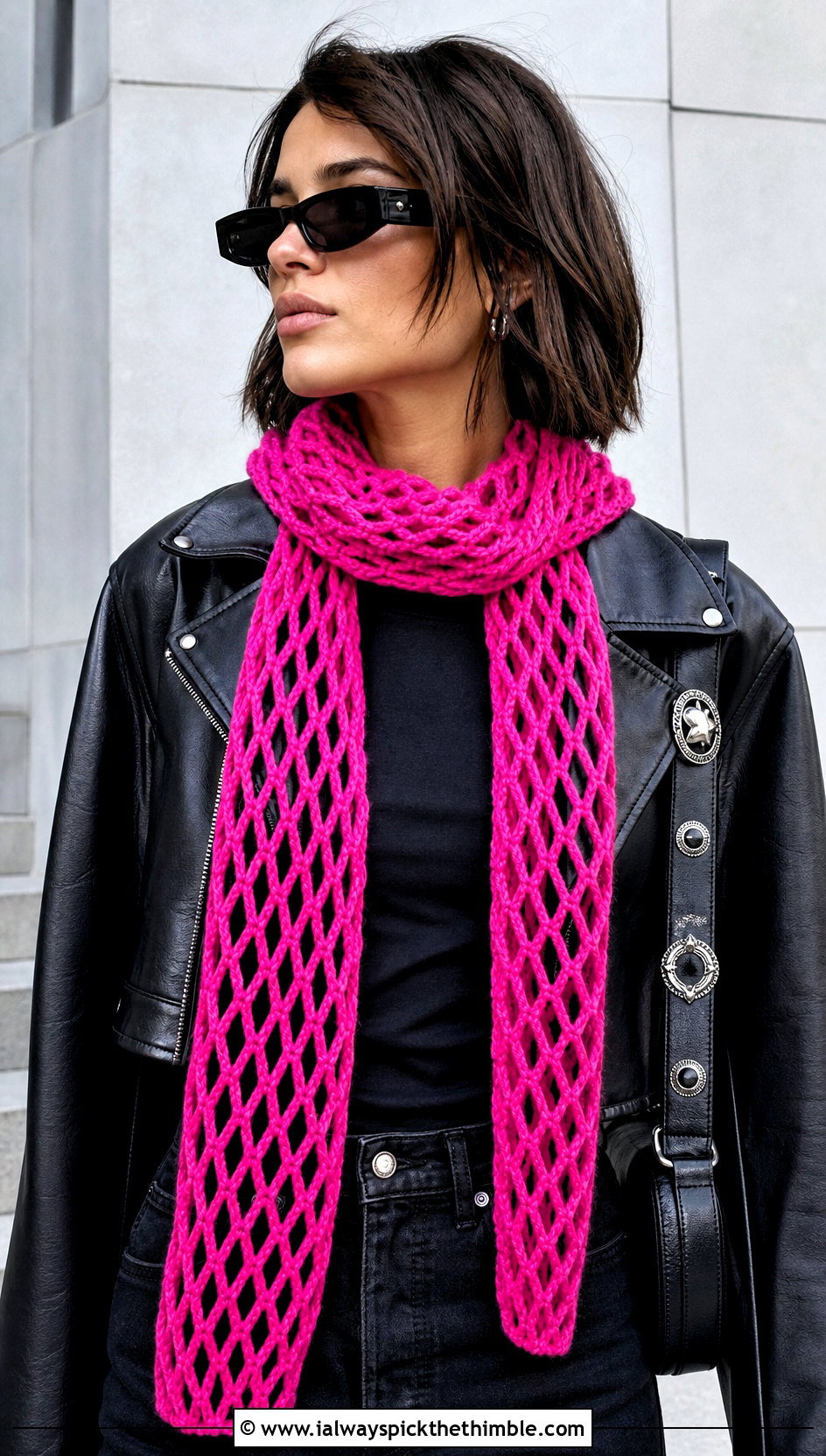 Diamond Mesh Crochet Scarf With Leather Jacket And Black Jeans - 20 Mesh Crochet Scarf outfit ideas