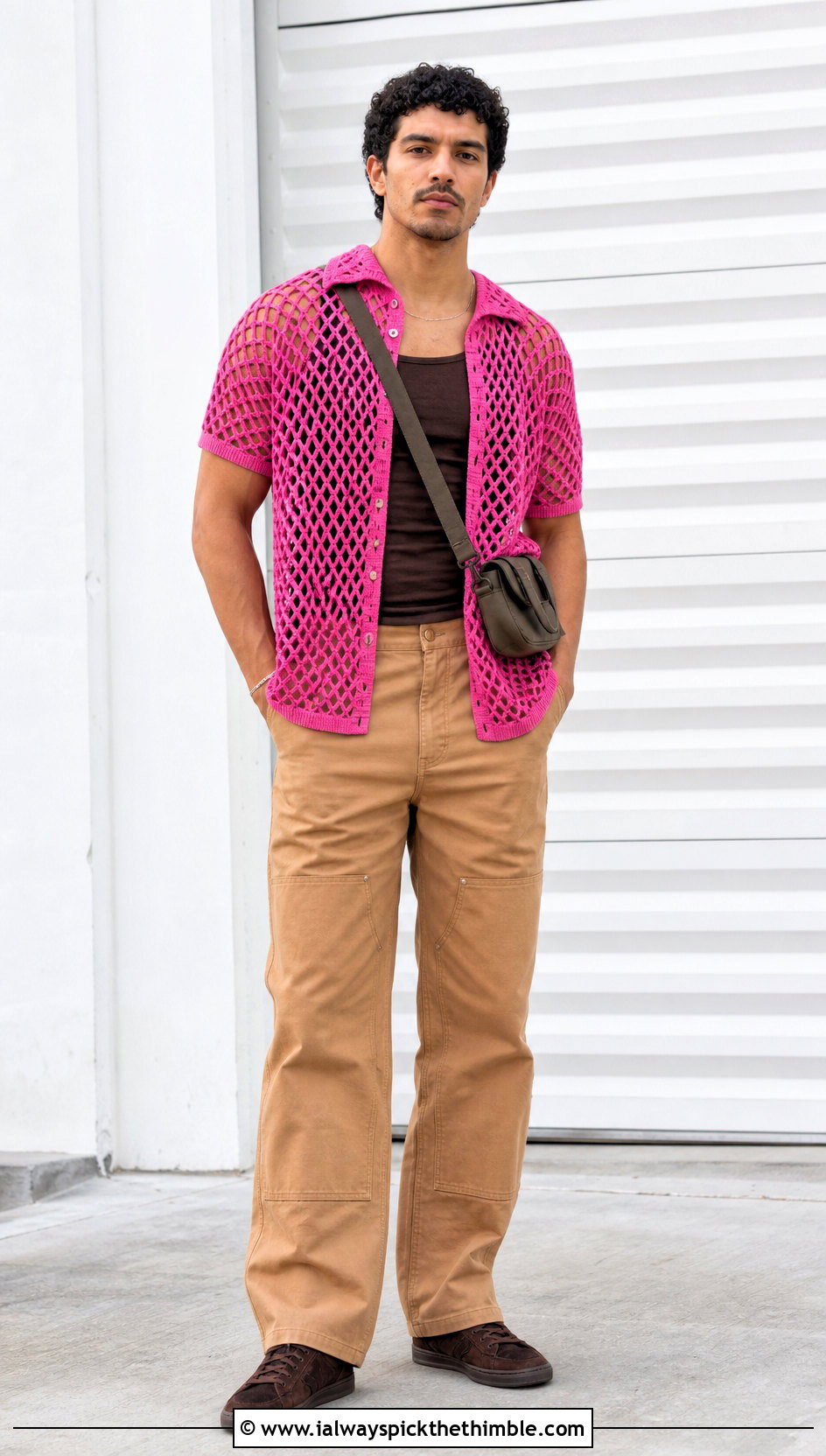 Diamond Mesh Crochet Shirt With Double Knee Pants - 25 crochet men shirt outfit ideas