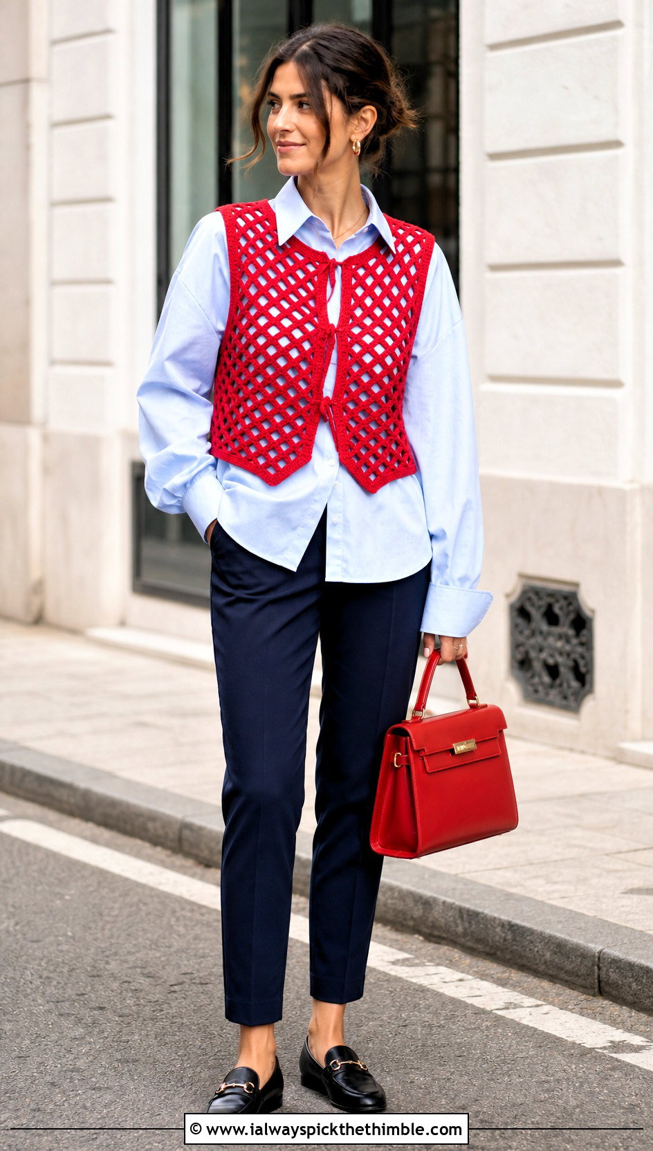 Diamond Mesh Crochet Waistcoat With Poplin Shirt - 25 crochet waistcoat outfit ideas