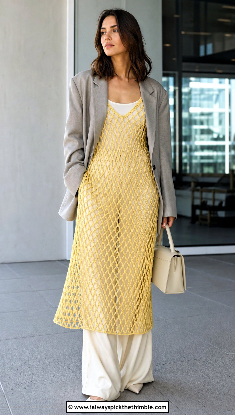 Diamond Mesh Fishnet Crochet Midi Dress With Blazer And Trousers - 20 Fishnet Crochet Dress outfit ideas