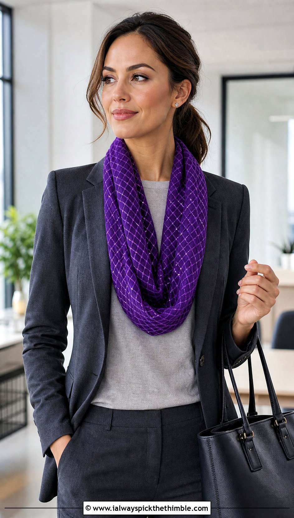 Diamond Mesh Infinity Scarf With Tailored Suit - 15 diamond crochet scarf outfit ideas