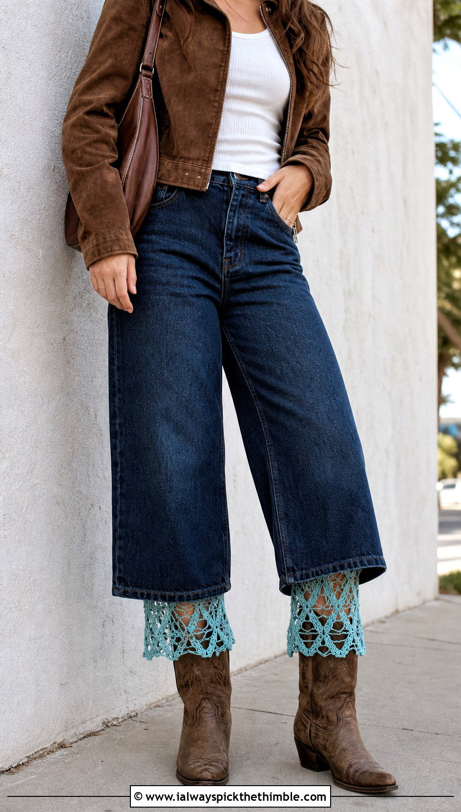 Diamond Mesh Lace Boot Cuffs With Wide Leg Jeans And Cowboy Boots - 15 Crochet Lace Boot Cuffs outfit ideas