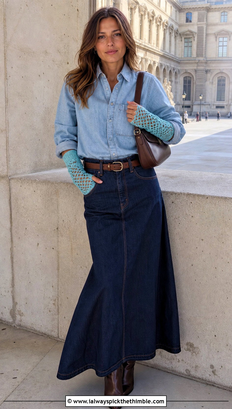 Diamond Mesh Lace Crochet Fingerless Gloves With Denim Shirt And Maxi Skirt - 20 Lace Crochet Fingerless Gloves outfit ideas