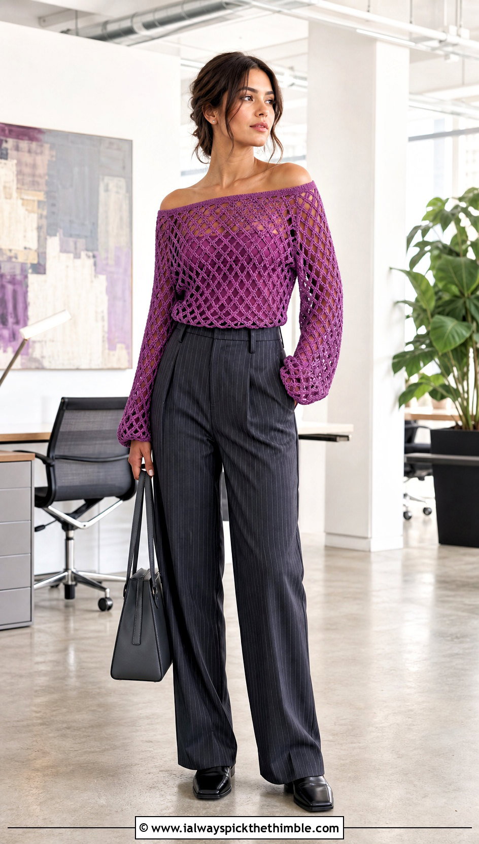 Diamond Mesh Off Shoulder Top With Pinstripe Pants - 20 crochet mesh off shoulder top outfit ideas