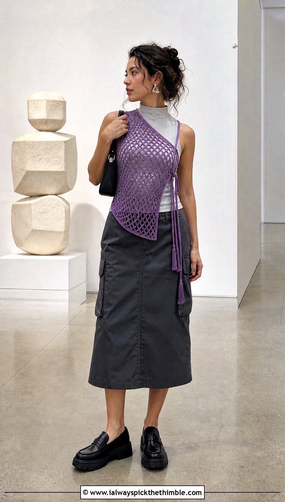 Diamond Mesh Side Tie Crochet Vest With Cargo Midi Skirt - 20 crochet vest tie sides outfit ideas