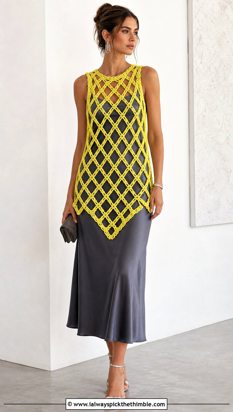 Diamond Mesh Tie Crochet Vest With Slip Dress - 25 crochet tie vest outfit ideas