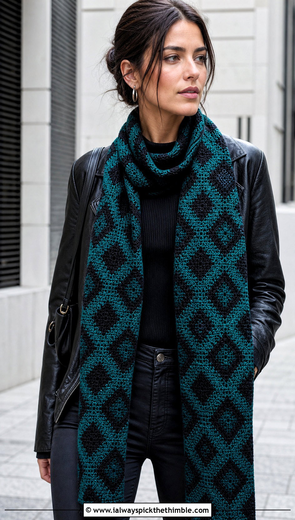 Diamond Mosaic Crochet Scarf With Leather Jacket - 20 Mosaic Crochet Scarf outfit ideas