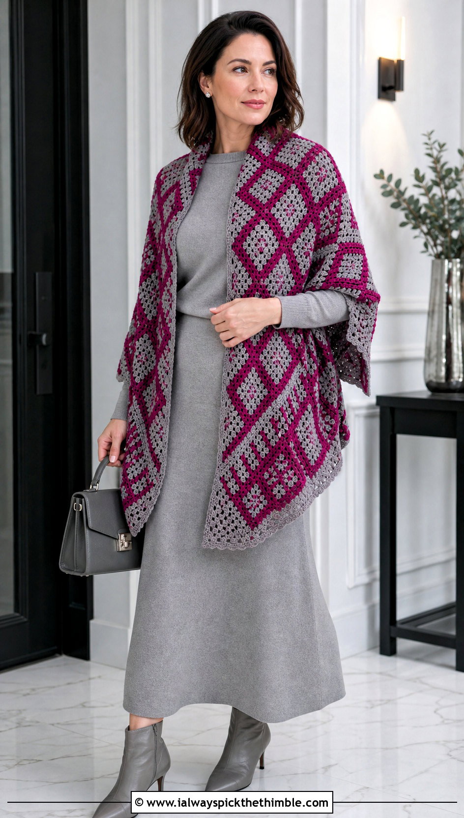 Diamond Mosaic Crochet Shawl With Matching Knit Set - 20 mosaic crochet shawl outfit ideas