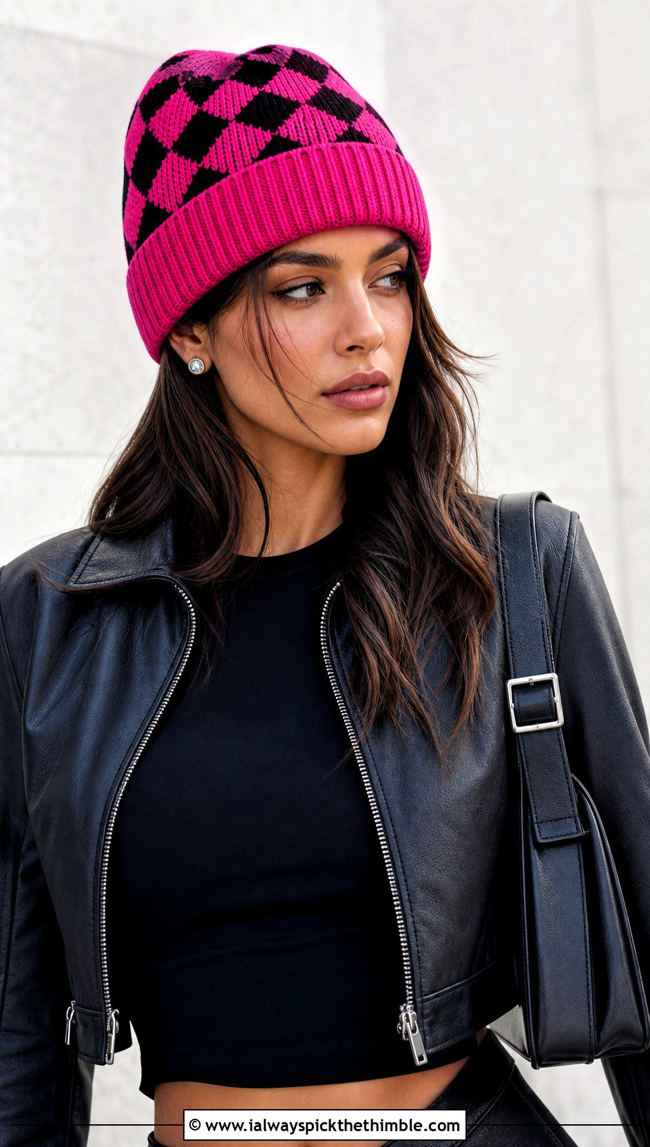 Diamond Mosaic Cuffed Beanie With Leather Jacket - 25 mosaic crochet hat outfit ideas