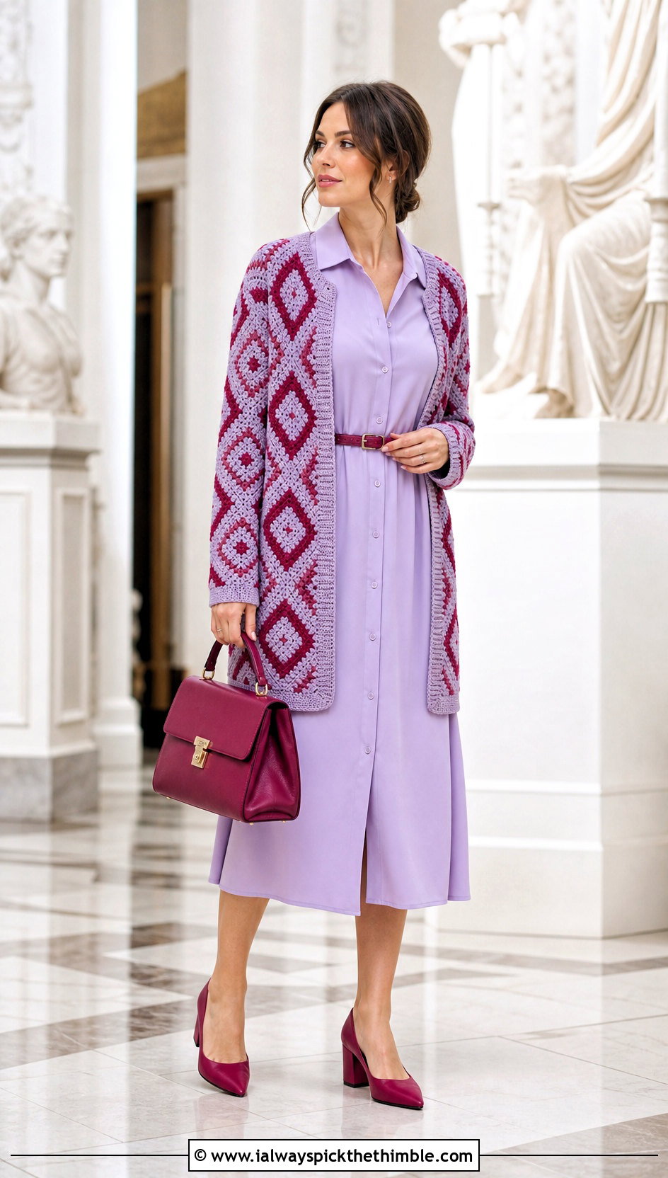 Diamond Motif Crochet Cardigan With Shirt Dress - 20 two color crochet cardigan outfit ideas