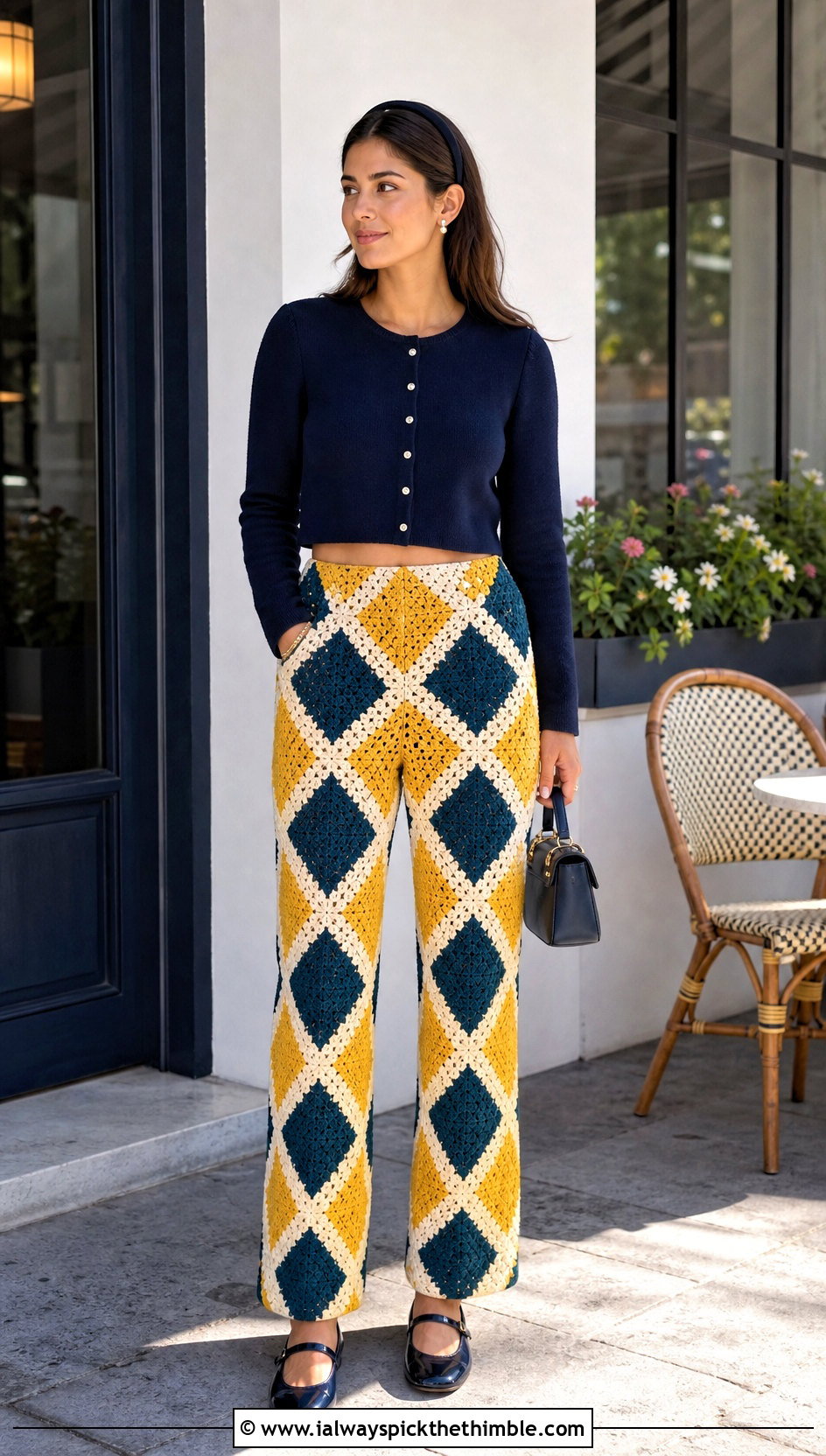 Diamond Motif Crochet Patchwork Pants With Cropped Cardigan - 15 Crochet Patchwork Pants outfit ideas