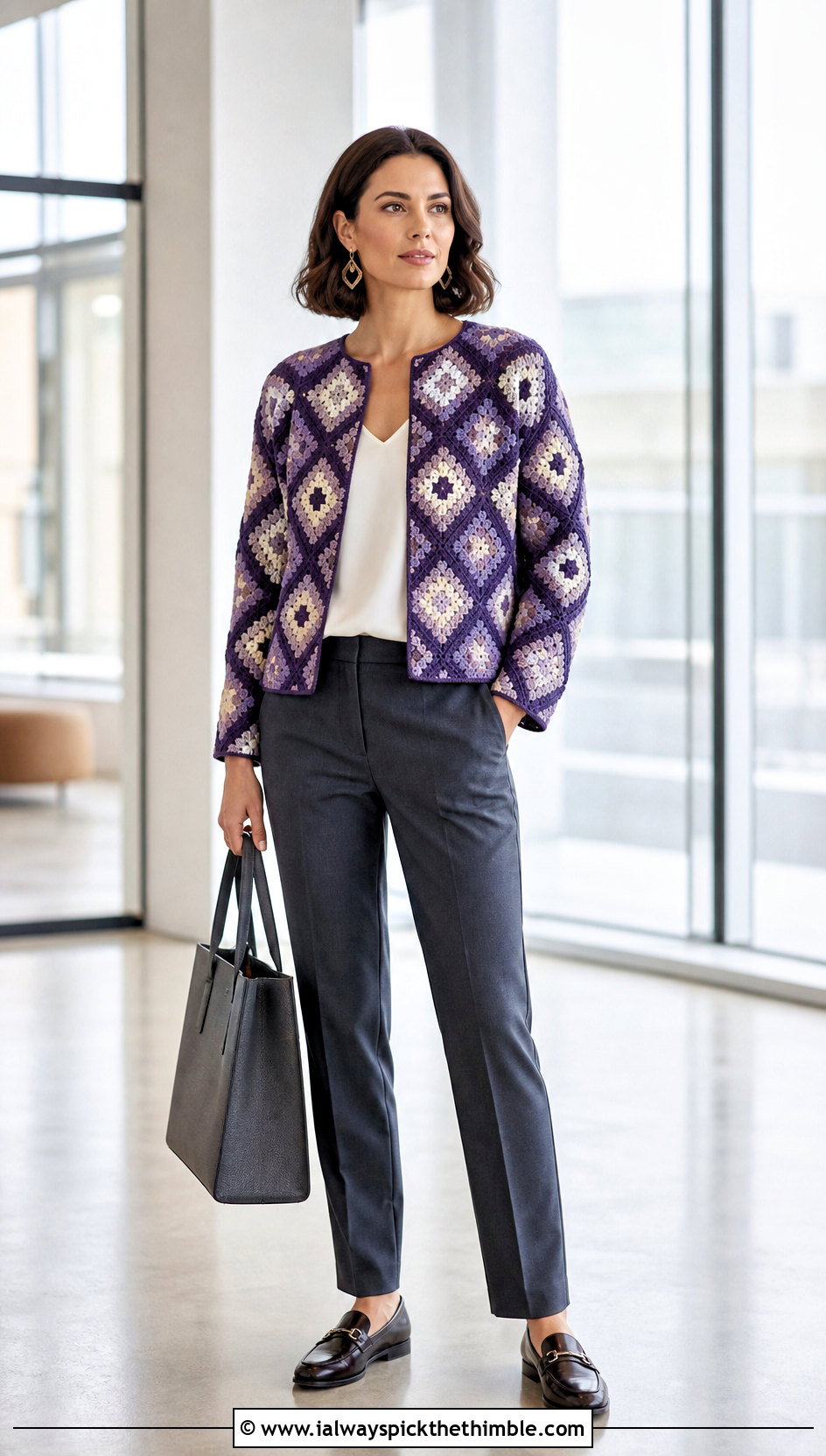 Diamond Motif Granny Square Jacket With Tailored Trousers - 25 granny square crochet cardigan jacket outfit ideas