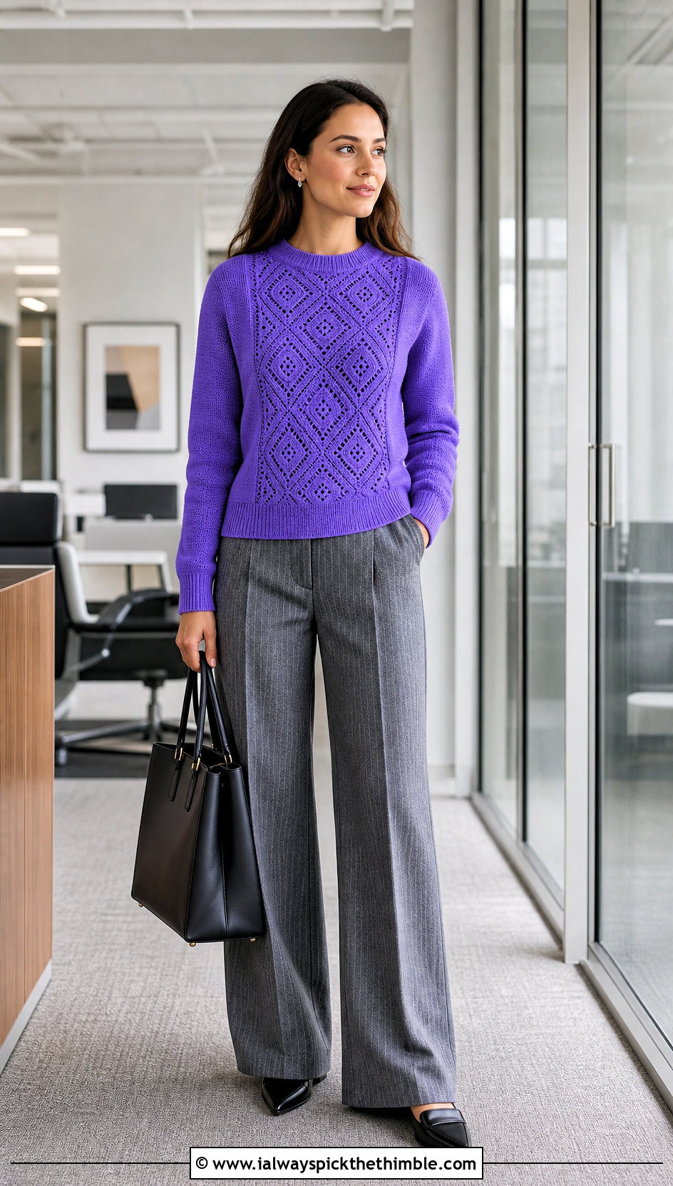 Diamond Motif Panel Sweater With Pinstripe Pants - 20 crochet panel sweater outfit ideas