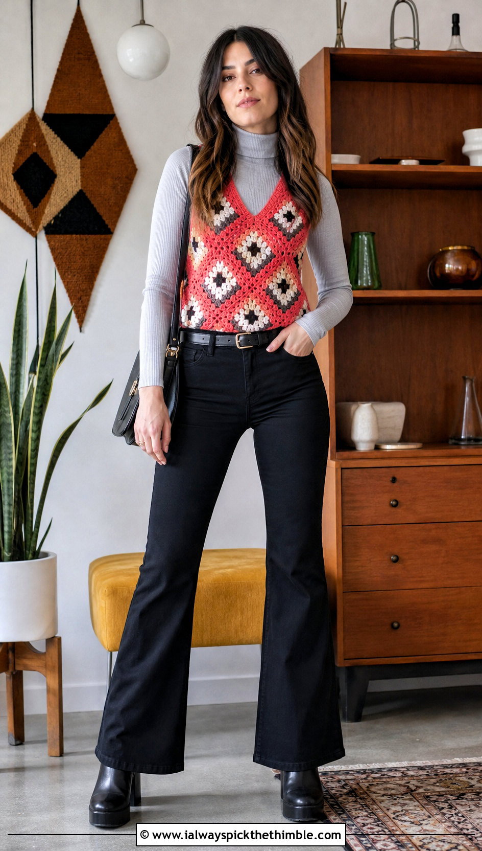 Diamond Motif Wednesday Crochet Vest With Flared Pants - 20 wednesday crochet vest outfit ideas