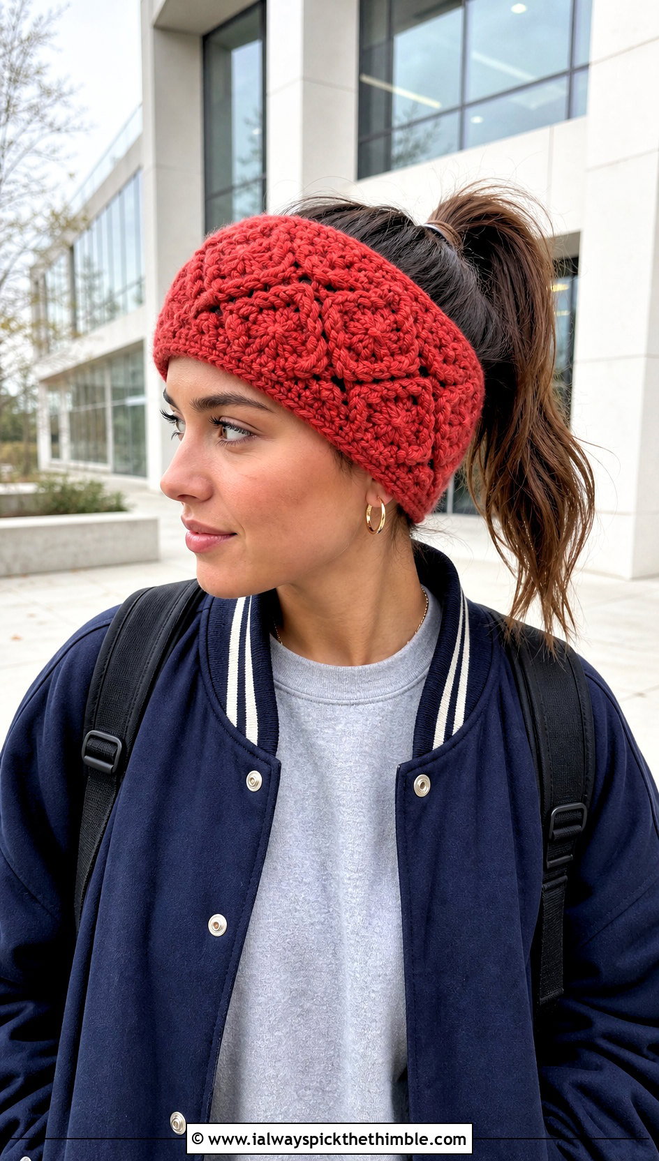 Diamond Stitch Bulky Yarn Crochet Ear Warmer With Varsity Jacket - 20 Bulky Yarn Crochet Ear Warmer outfit ideas