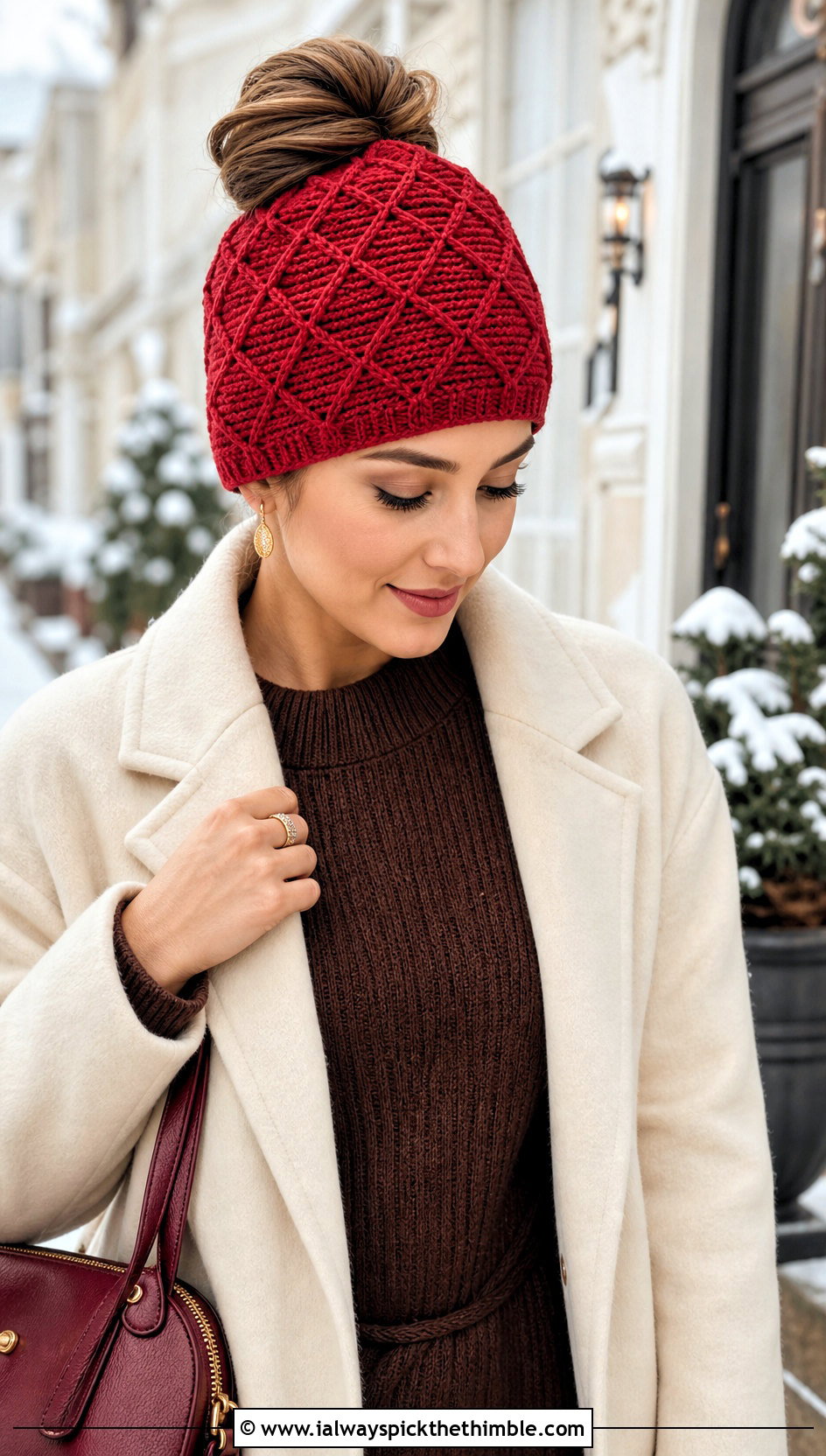 Diamond Stitch Bun Beanie With Sweater Dress - 15 bun crochet hat outfit ideas
