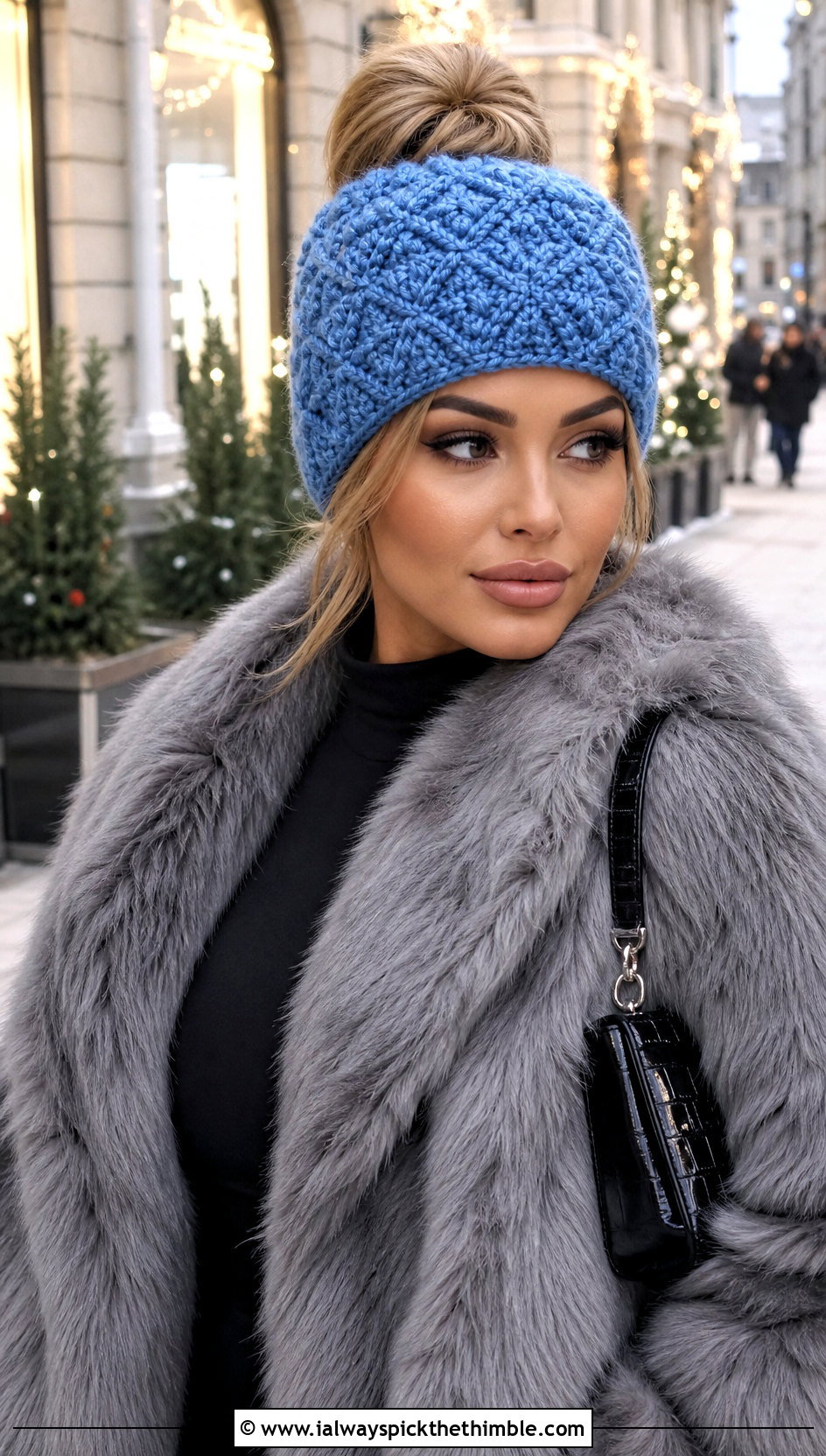 Diamond Stitch Bun Crochet Beanie With Faux Fur Coat And Jeans - 20 Bun Crochet Beanie outfit ideas