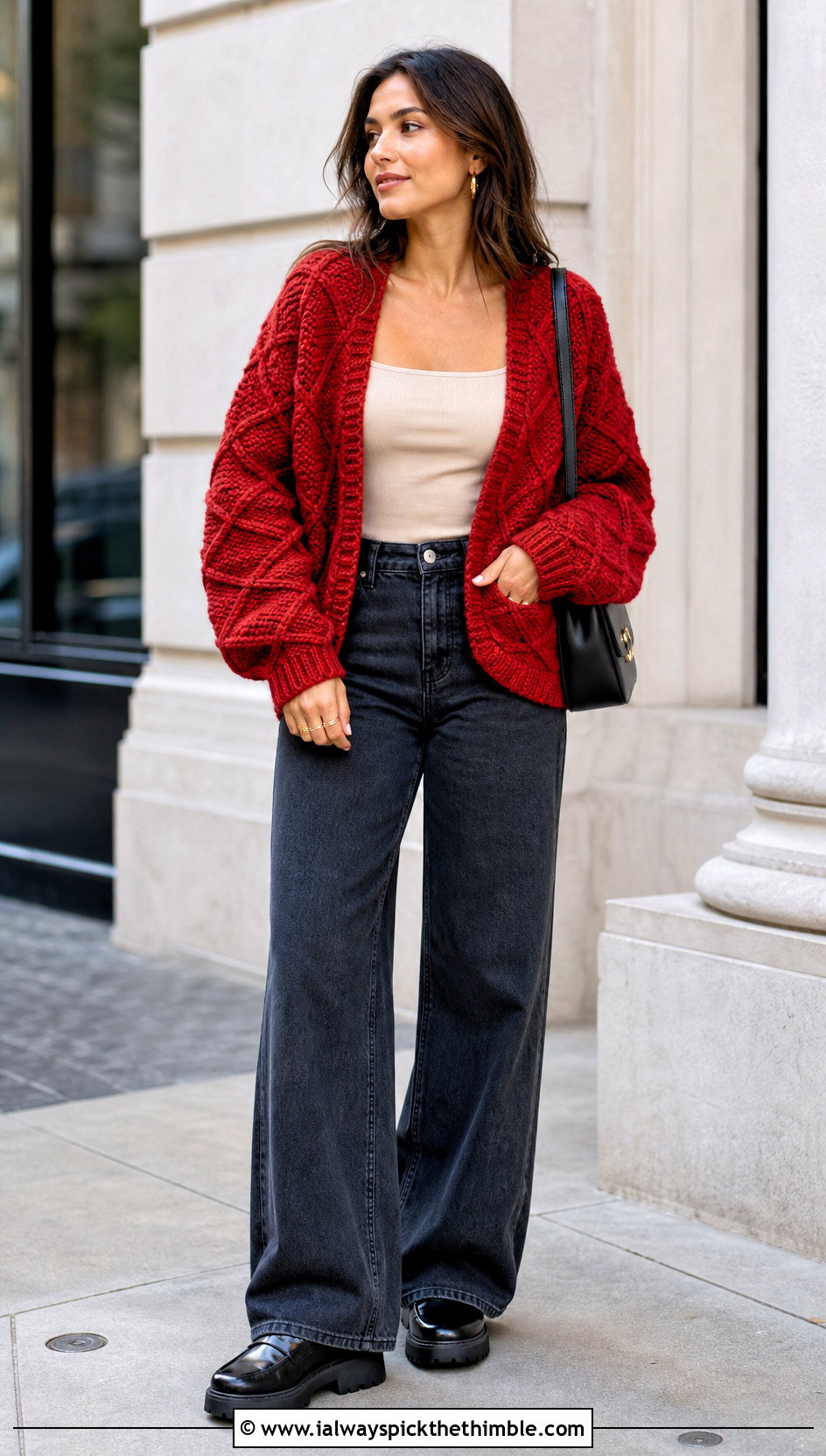 Diamond Stitch Cocoon Crochet Cardigan With Wide Leg Jeans - 20 Cocoon Crochet Cardigan outfit ideas