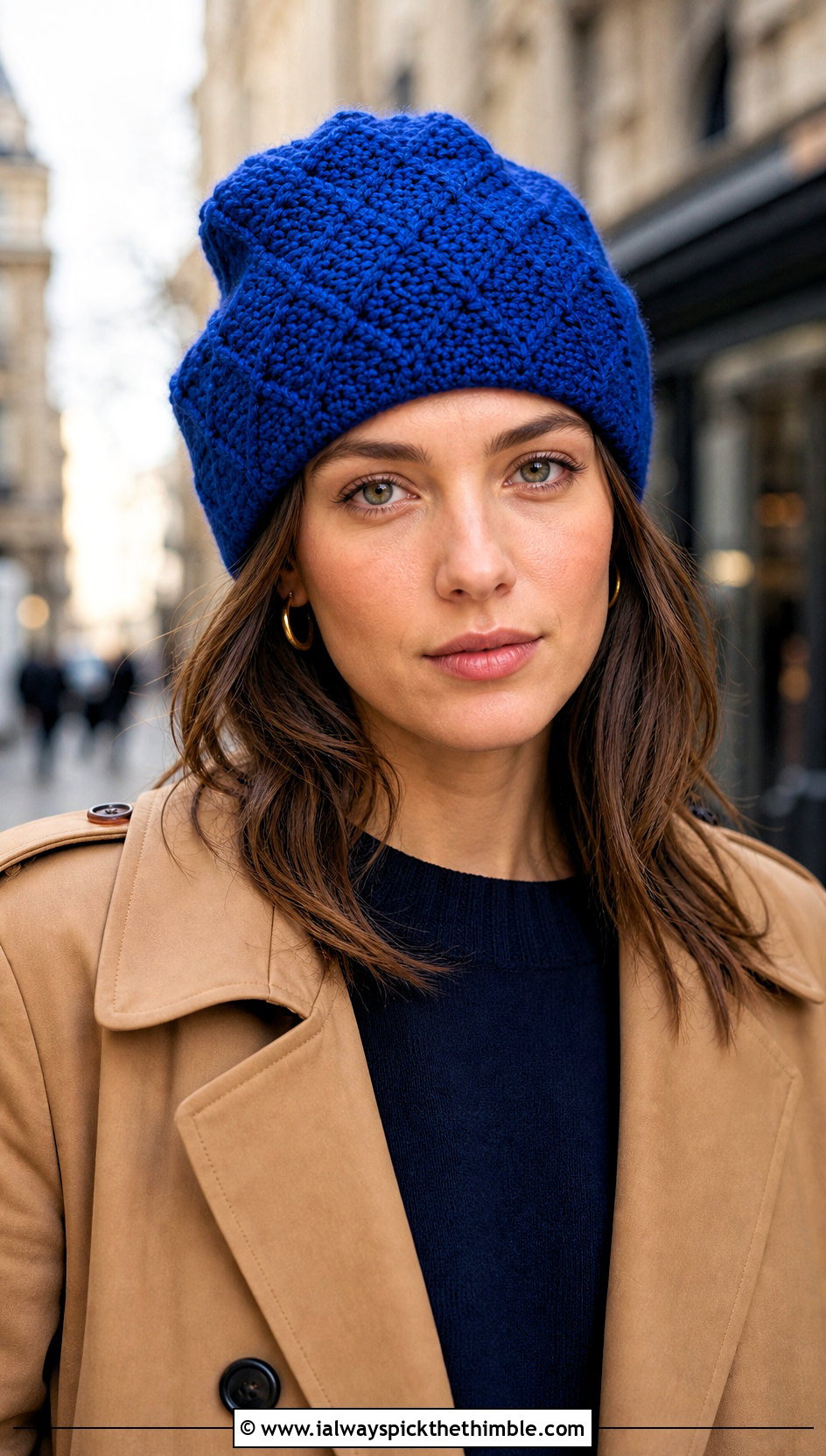 Diamond Stitch Crochet Beanie With Trench Coat - 15 Diamond Crochet Hat outfit ideas