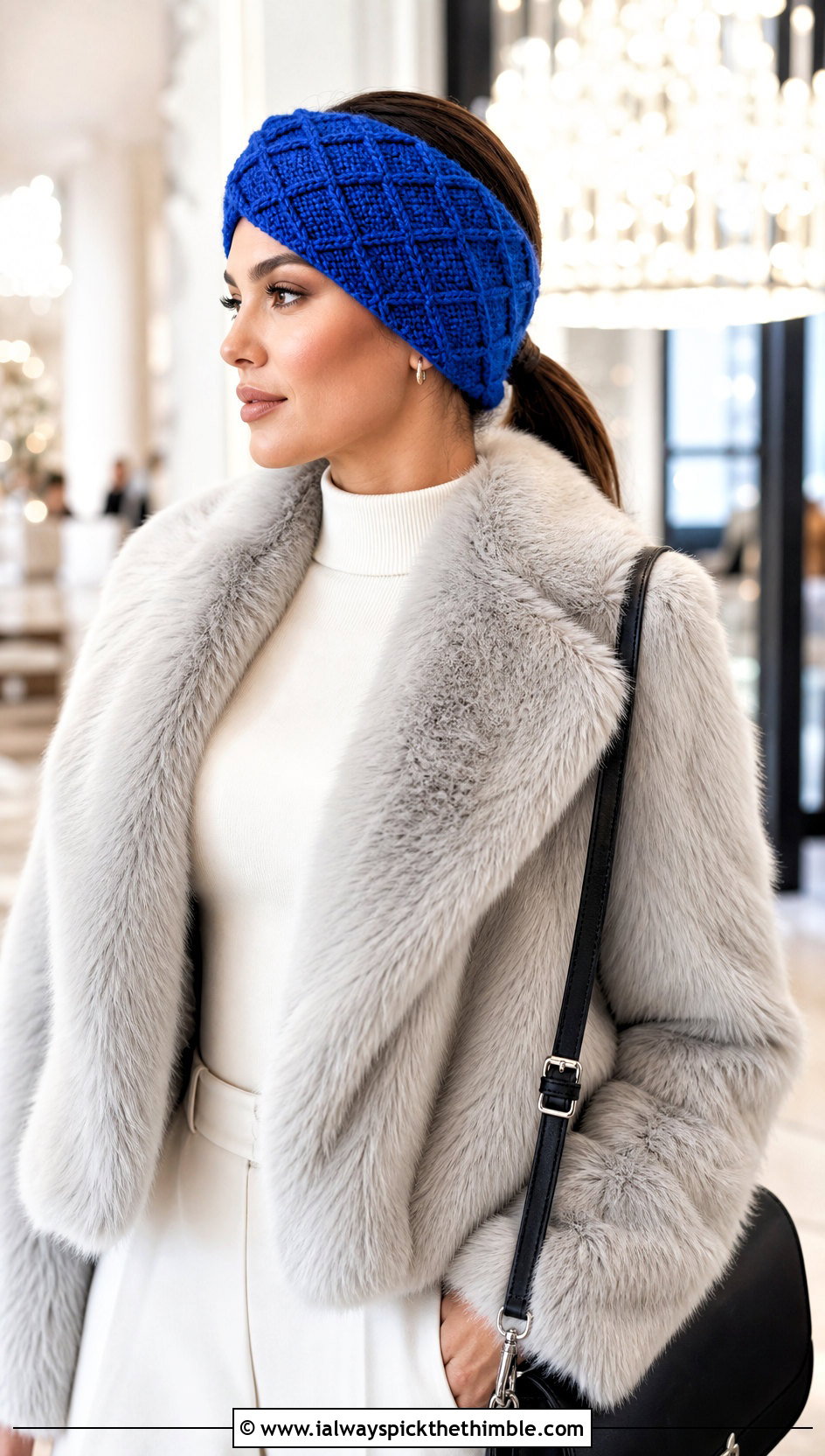 Diamond Stitch Crochet Ear Warmer With Faux Fur Jacket - 20 Quick Crochet Ear Warmer outfit ideas