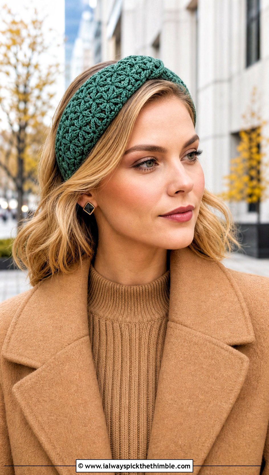 Diamond Stitch Crochet Headband With Sweater Dress And Boots - 20 crochet hair headband outfit ideas