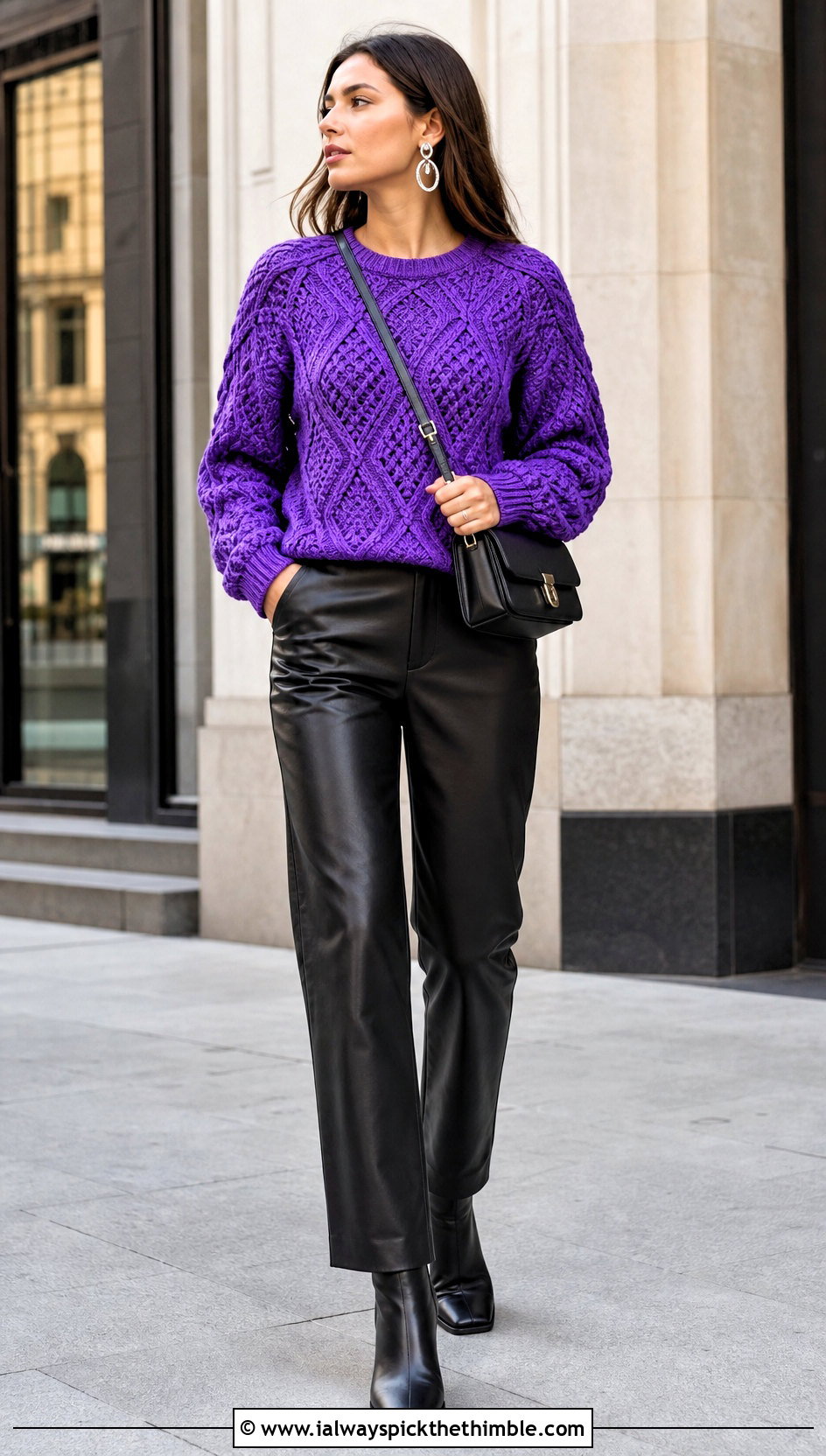Diamond Stitch Crochet Irish Sweater With Leather Pants - 20 Crochet Irish Sweater outfit ideas
