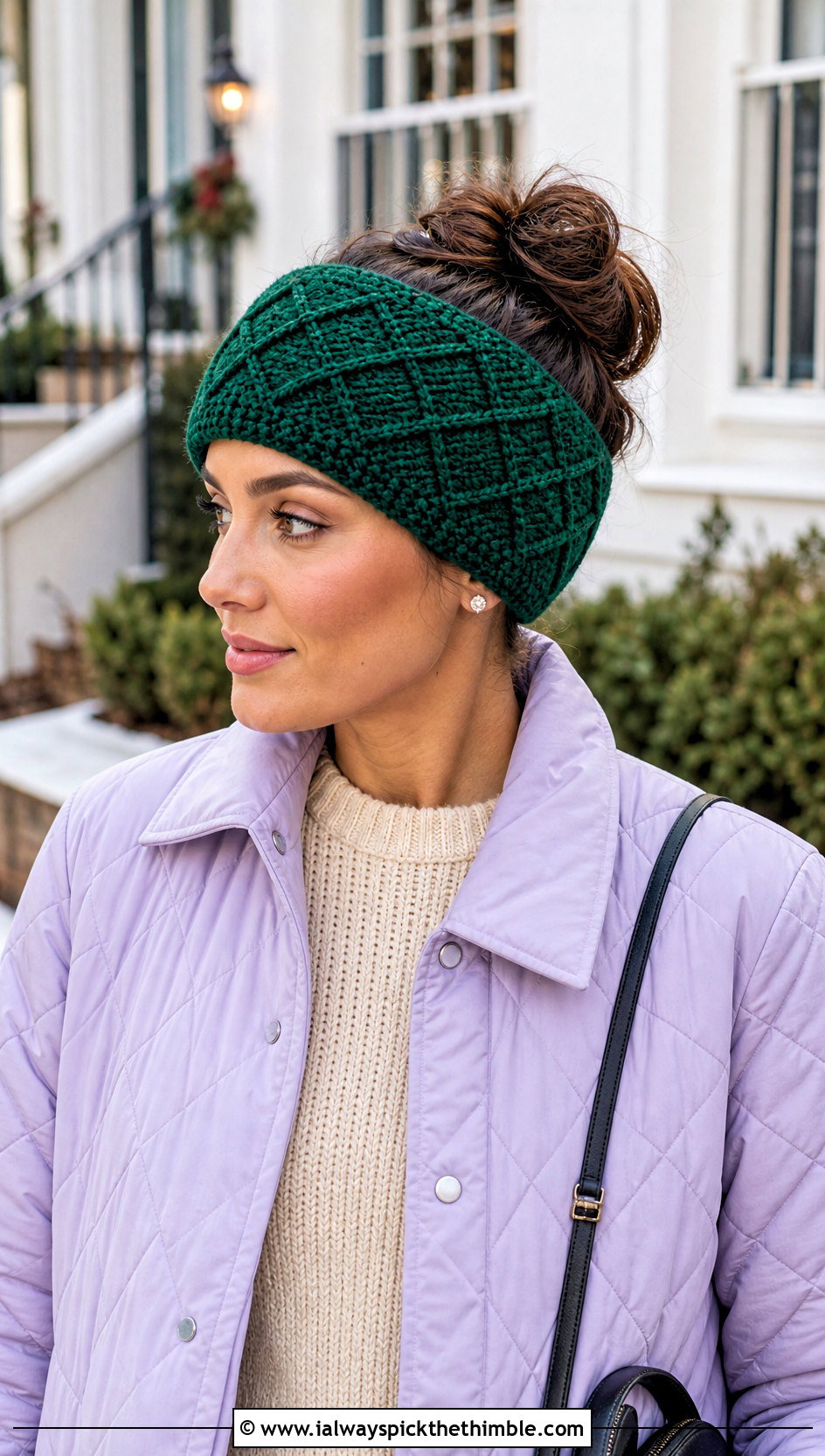 Diamond Stitch Crochet Messy Bun Ear Warmer With Quilted Coat - 20 Crochet Messy Bun Ear Warmer outfit ideas